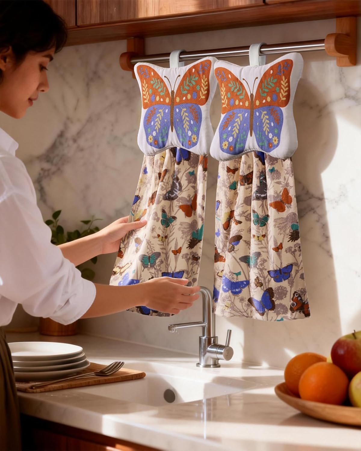image:imageMiss Adola Cotton Hanging Hand Towels 2pcs Hand Drying Towels for Kitchen Bathroom with Hanging Loop Cute Decorative Soft Terry Cloth Kitchen Towel with Strawberry Design for Housewarming GiftsVintage Butterflies