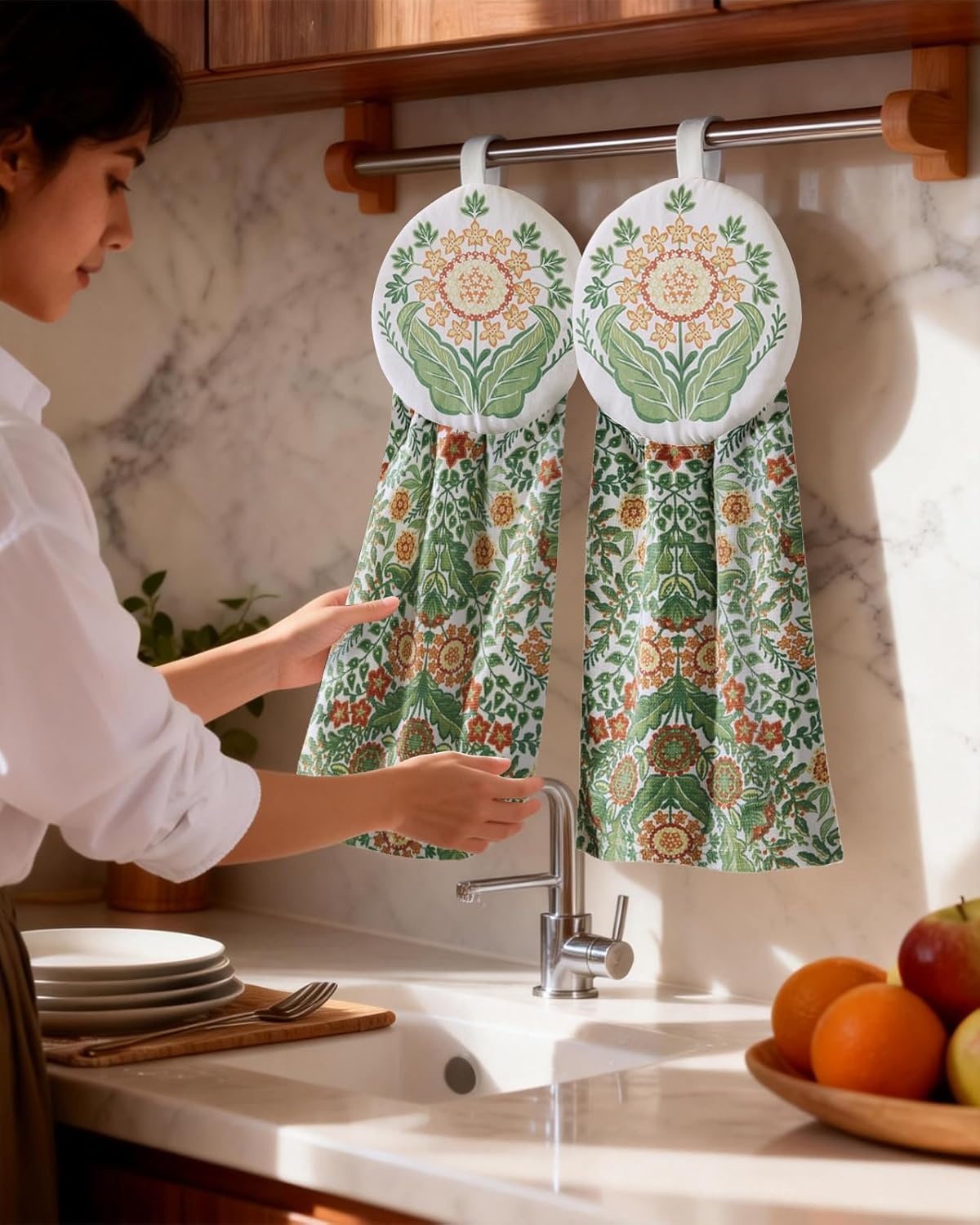 image:imageMiss Adola Cotton Hanging Hand Towels 2pcs Hand Drying Towels for Kitchen Bathroom with Hanging Loop Cute Decorative Soft Terry Cloth Kitchen Towel with Strawberry Design for Housewarming GiftsBoho Flowers