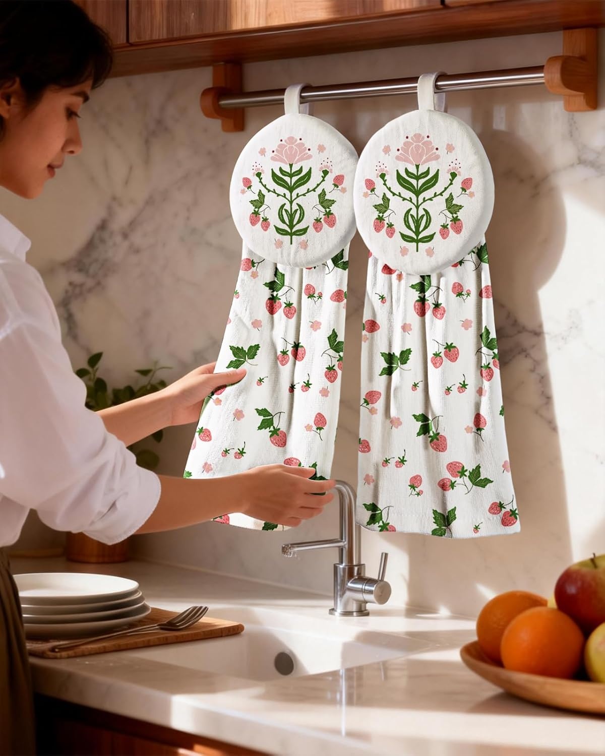 image:imageMiss Adola Cotton Hanging Hand Towels 2pcs Hand Drying Towels for Kitchen Bathroom with Hanging Loop Cute Decorative Soft Terry Cloth Kitchen Towel with Strawberry Design for Housewarming GiftsWatercolor Strawberry