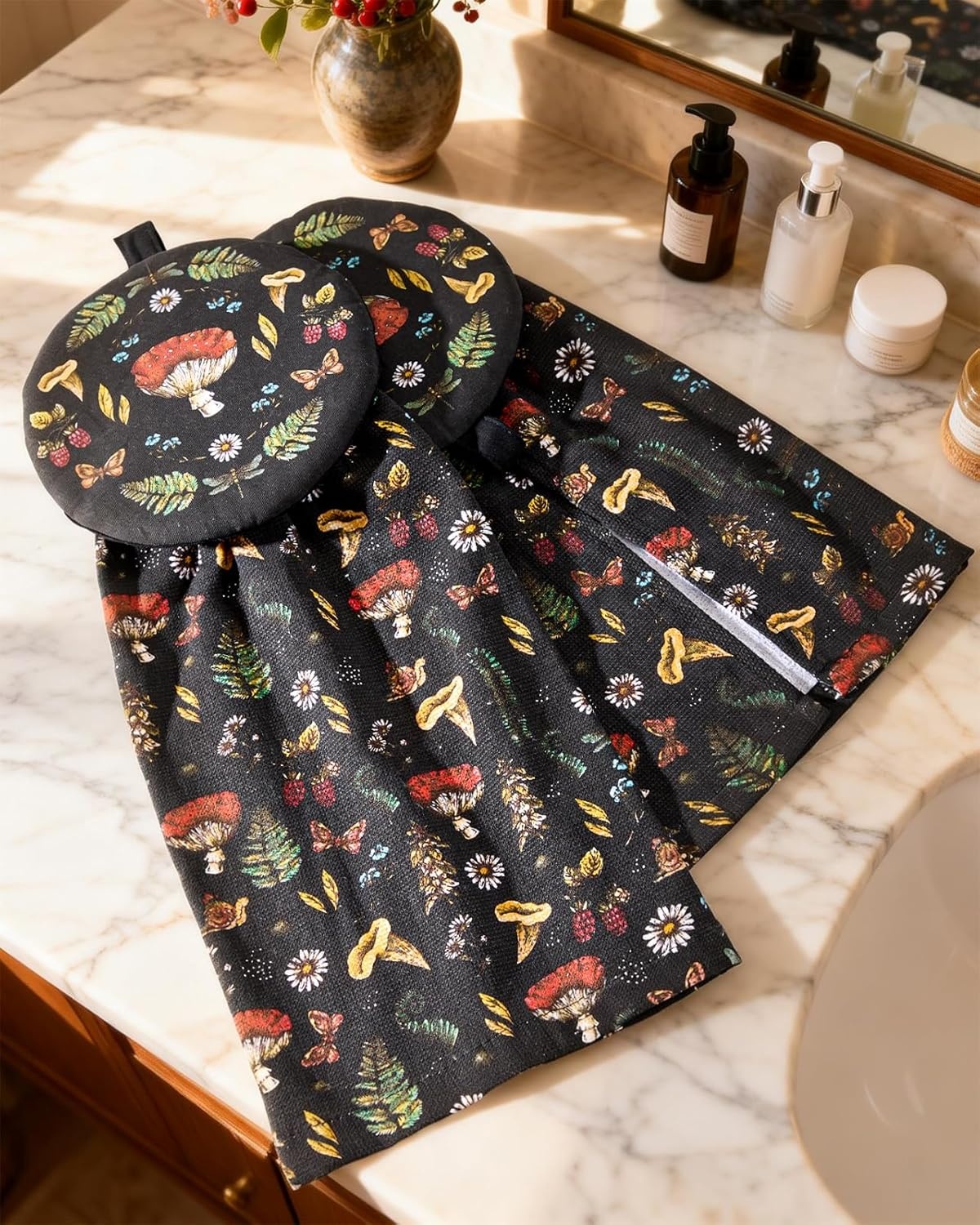 image:imageMiss Adola Cotton Hanging Hand Towels 2pcs Hand Drying Towels for Kitchen Bathroom with Hanging Loop Cute Decorative Soft Terry Cloth Kitchen Towel with Strawberry Design for Housewarming GiftsBlack Mushroom