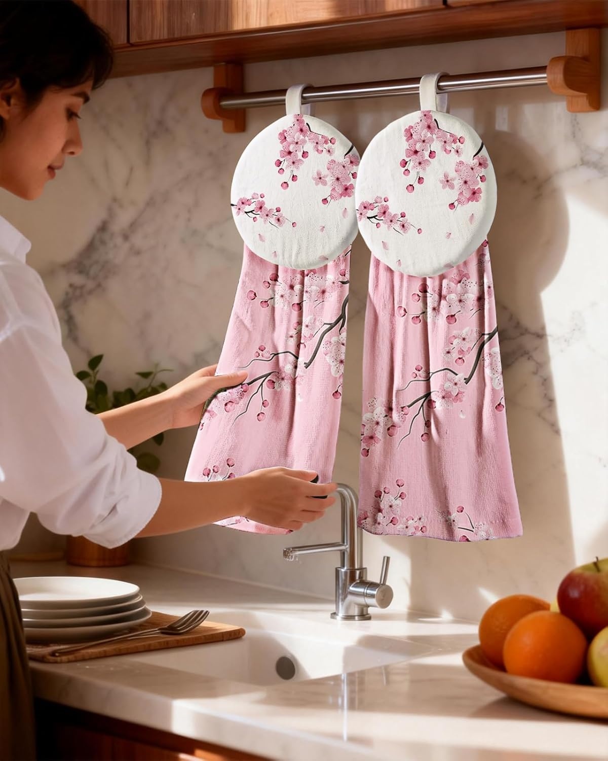 image:imageMiss Adola Cotton Hanging Hand Towels 2pcs Hand Drying Towels for Kitchen Bathroom with Hanging Loop Cute Decorative Soft Terry Cloth Kitchen Towel with Strawberry Design for Housewarming GiftsPink Blossom