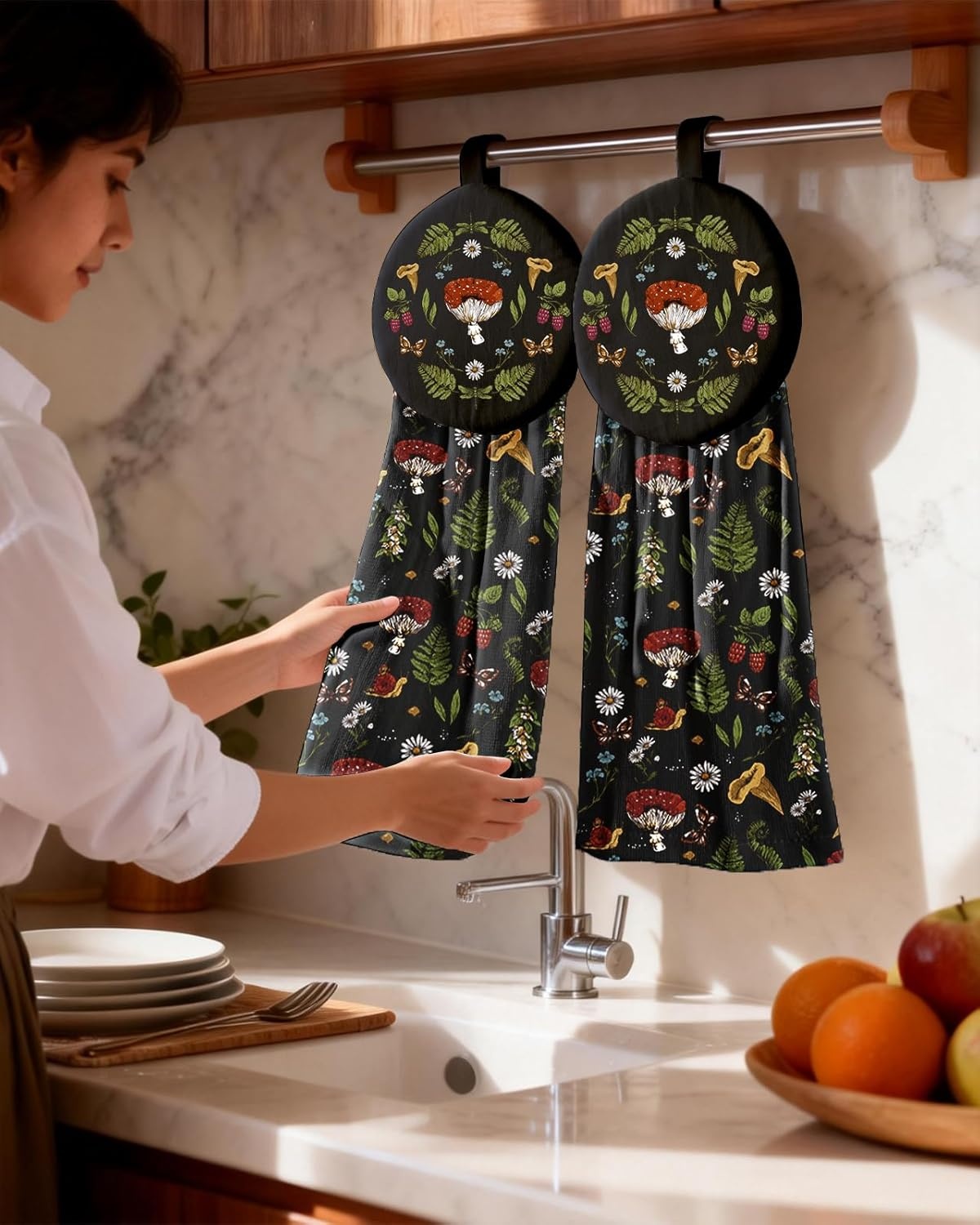 image:imageMiss Adola Cotton Hanging Hand Towels 2pcs Hand Drying Towels for Kitchen Bathroom with Hanging Loop Cute Decorative Soft Terry Cloth Kitchen Towel with Strawberry Design for Housewarming GiftsBlack Mushroom
