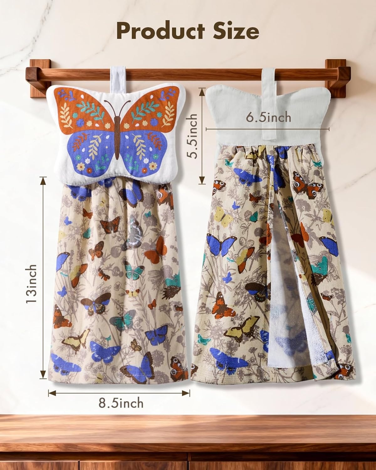 image:imageMiss Adola Cotton Hanging Hand Towels 2pcs Hand Drying Towels for Kitchen Bathroom with Hanging Loop Cute Decorative Soft Terry Cloth Kitchen Towel with Strawberry Design for Housewarming GiftsVintage Butterflies