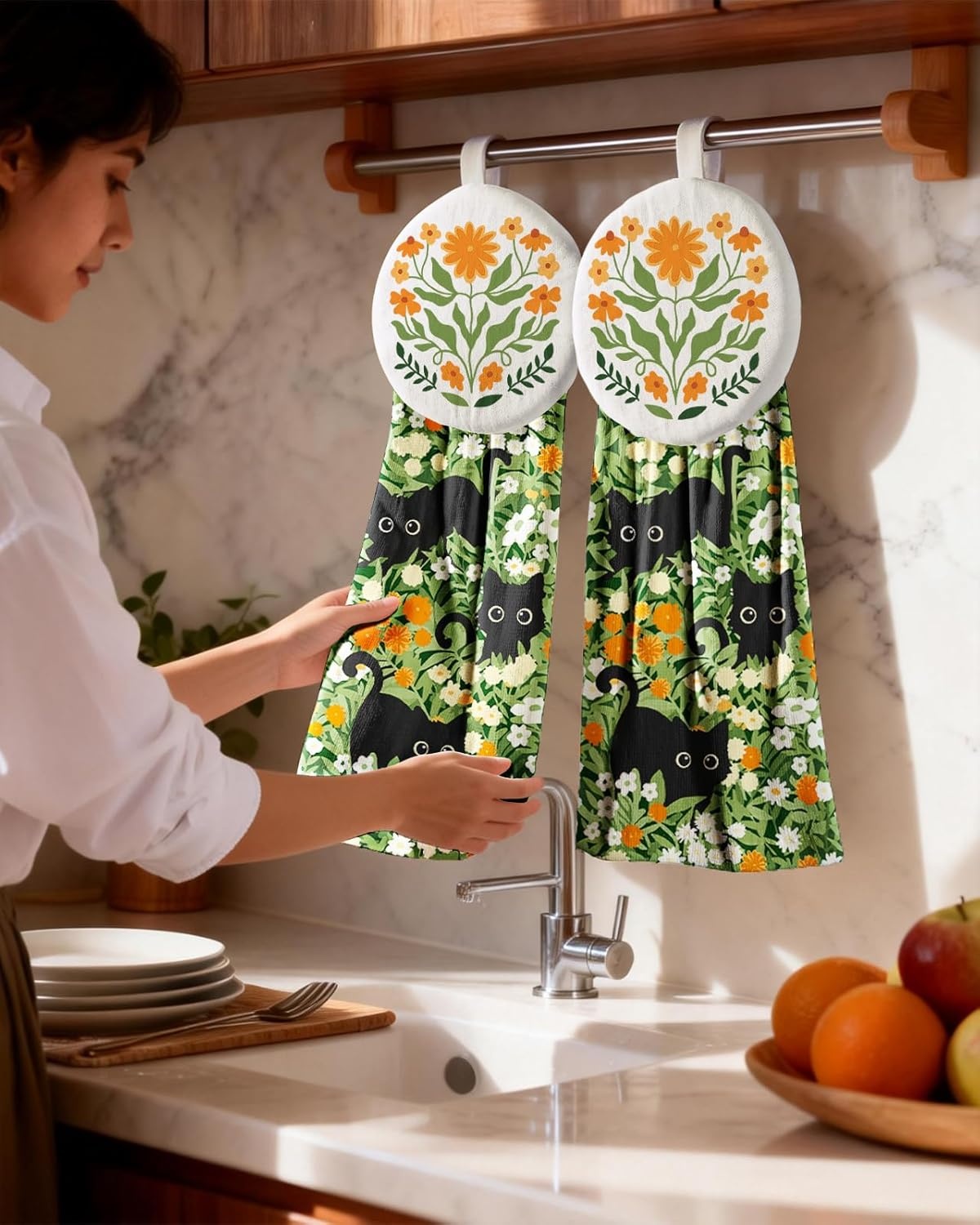 image:imageMiss Adola Cotton Hanging Hand Towels 2pcs Hand Drying Towels for Kitchen Bathroom with Hanging Loop Cute Decorative Soft Terry Cloth Kitchen Towel with Strawberry Design for Housewarming GiftsPlayful Cats