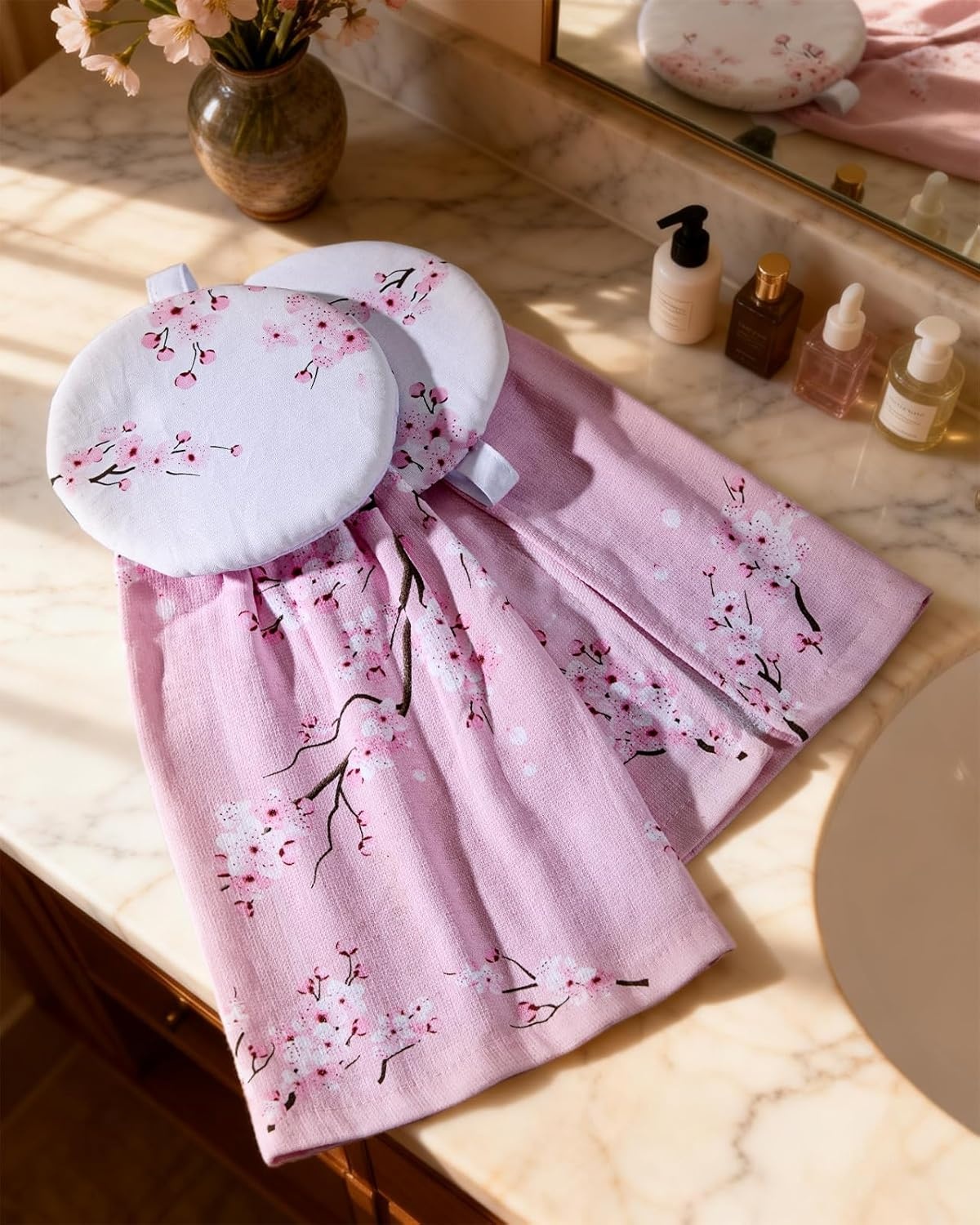 image:imageMiss Adola Cotton Hanging Hand Towels 2pcs Hand Drying Towels for Kitchen Bathroom with Hanging Loop Cute Decorative Soft Terry Cloth Kitchen Towel with Strawberry Design for Housewarming GiftsPink Blossom