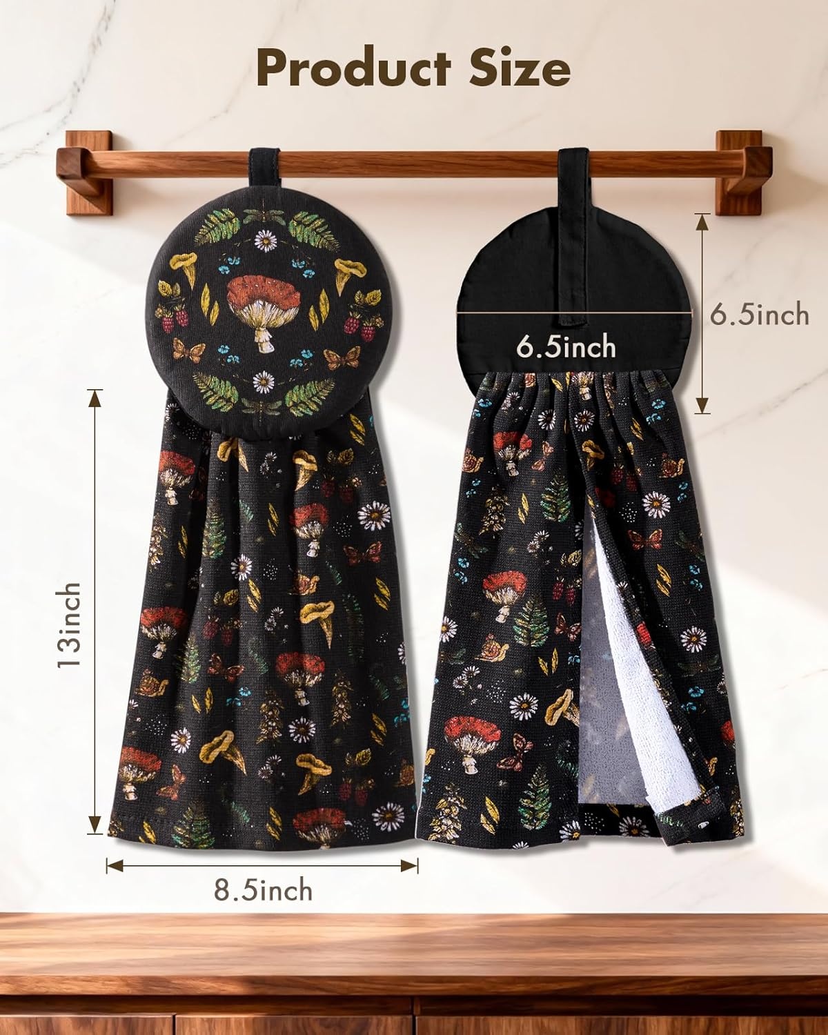 image:imageMiss Adola Cotton Hanging Hand Towels 2pcs Hand Drying Towels for Kitchen Bathroom with Hanging Loop Cute Decorative Soft Terry Cloth Kitchen Towel with Strawberry Design for Housewarming GiftsBlack Mushroom