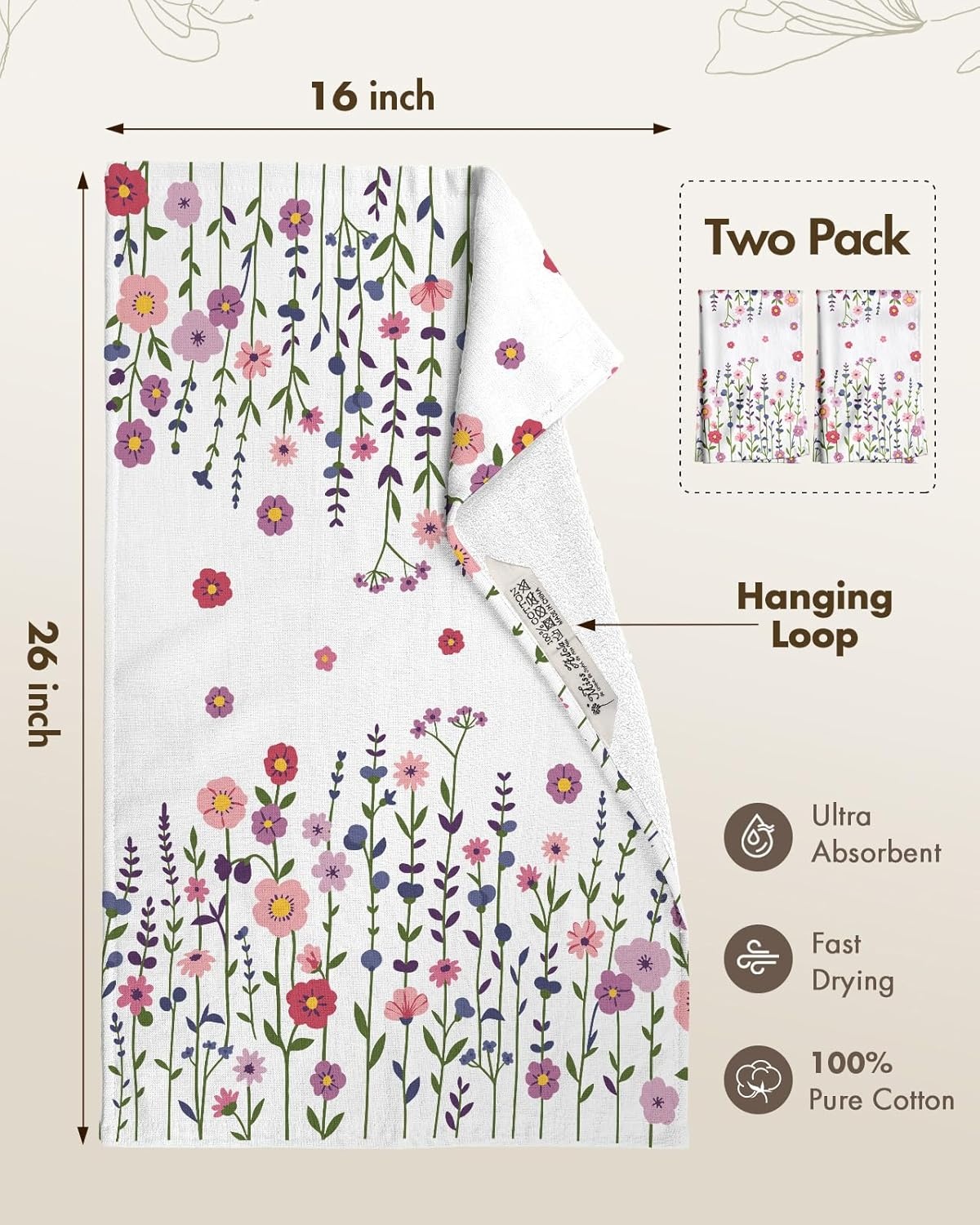 image:imageMiss Adola Cotton Kitchen Towels Set of 2 Cute Design 1626 Inch Dish Towels for Kitchen with Hanging Loop Beige Flower Quick Dry Hand Towels Soft amp Absorbent Decorative Terry Cloth Tea TowelsPurple Flower