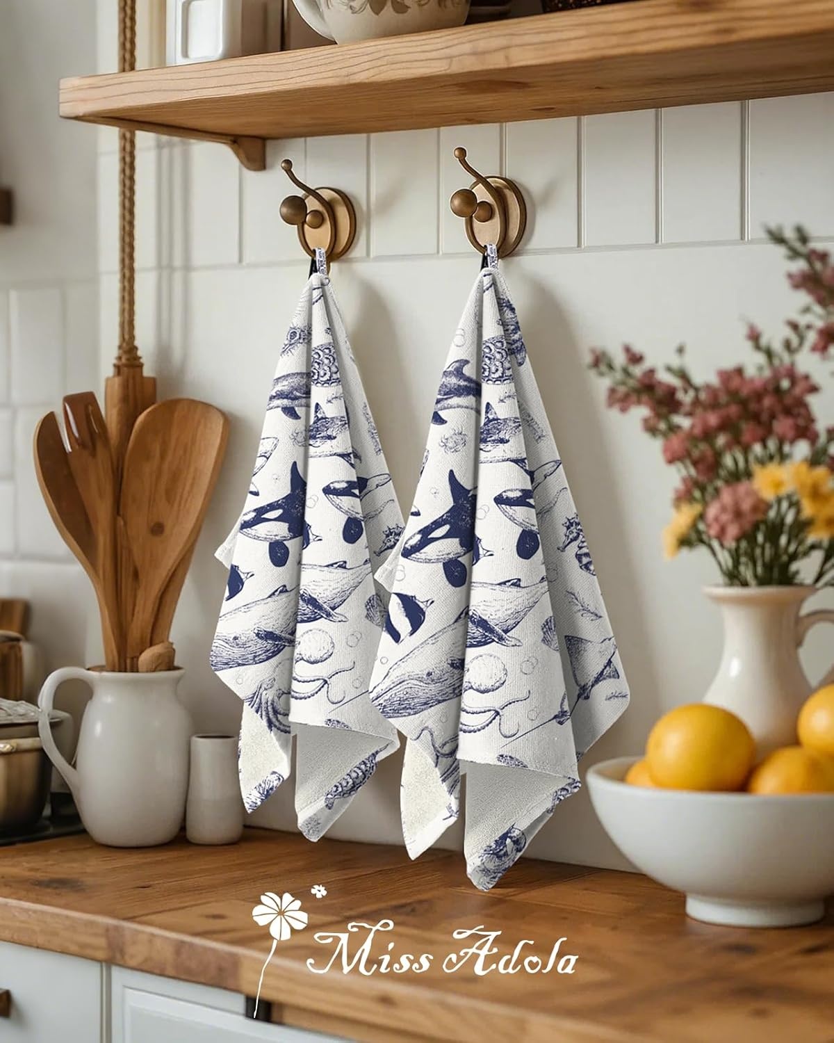 image:imageMiss Adola Cotton Kitchen Towels Set of 2 Cute Design 1626 Inch Dish Towels for Kitchen with Hanging Loop Beige Flower Quick Dry Hand Towels Soft amp Absorbent Decorative Terry Cloth Tea TowelsOcean