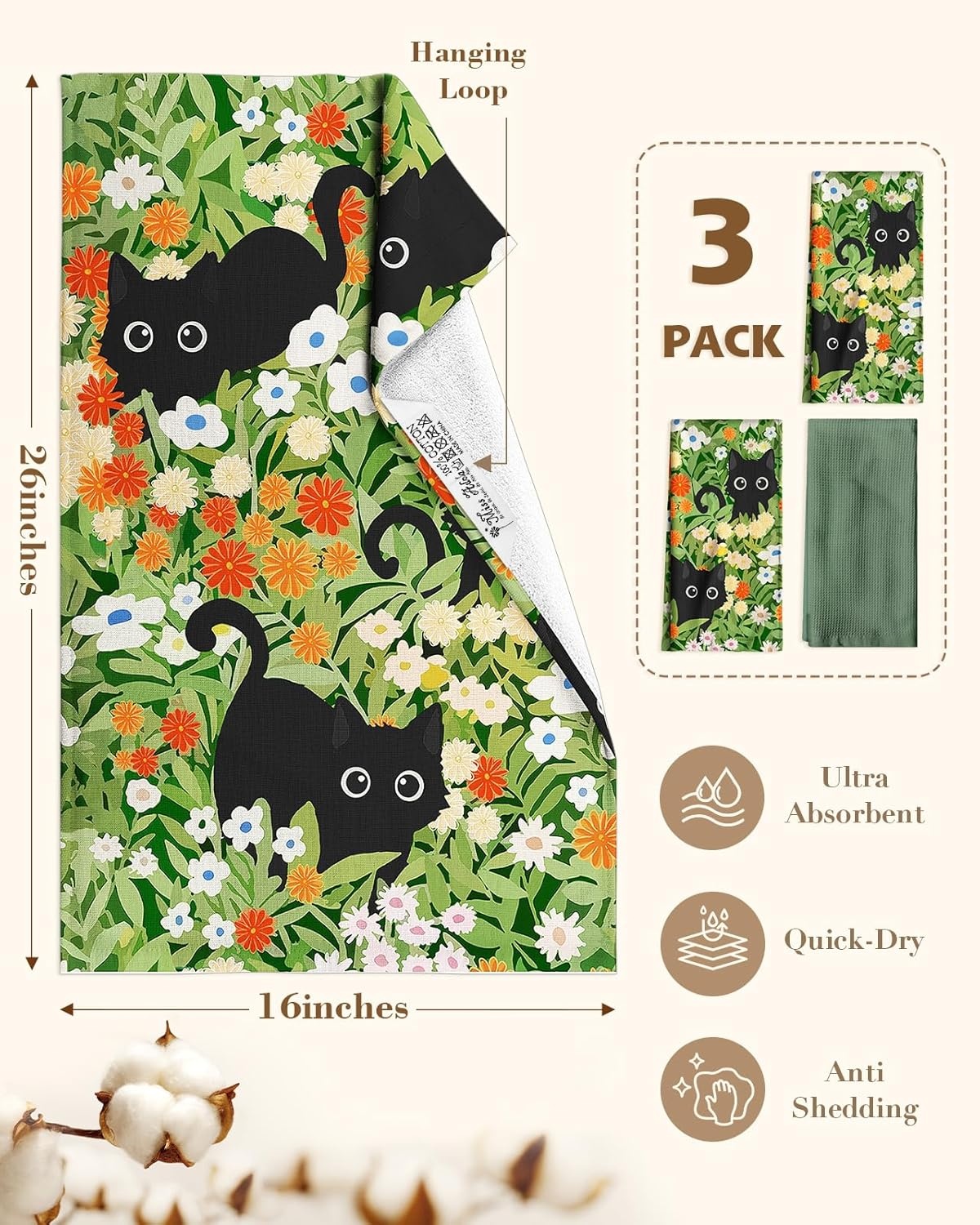 image:imageMiss Adola Cotton Kitchen Towels Set of 2 Cute Design 1626 Inch Dish Towels for Kitchen with Hanging Loop Beige Flower Quick Dry Hand Towels Soft amp Absorbent Decorative Terry Cloth Tea TowelsBlack Cat