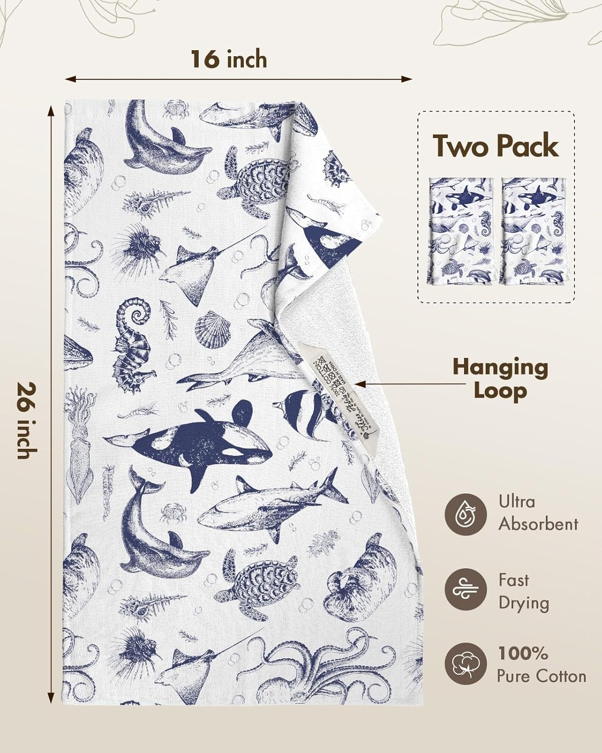 image:imageMiss Adola Cotton Kitchen Towels Set of 2 Cute Design 1626 Inch Dish Towels for Kitchen with Hanging Loop Beige Flower Quick Dry Hand Towels Soft amp Absorbent Decorative Terry Cloth Tea TowelsOcean
