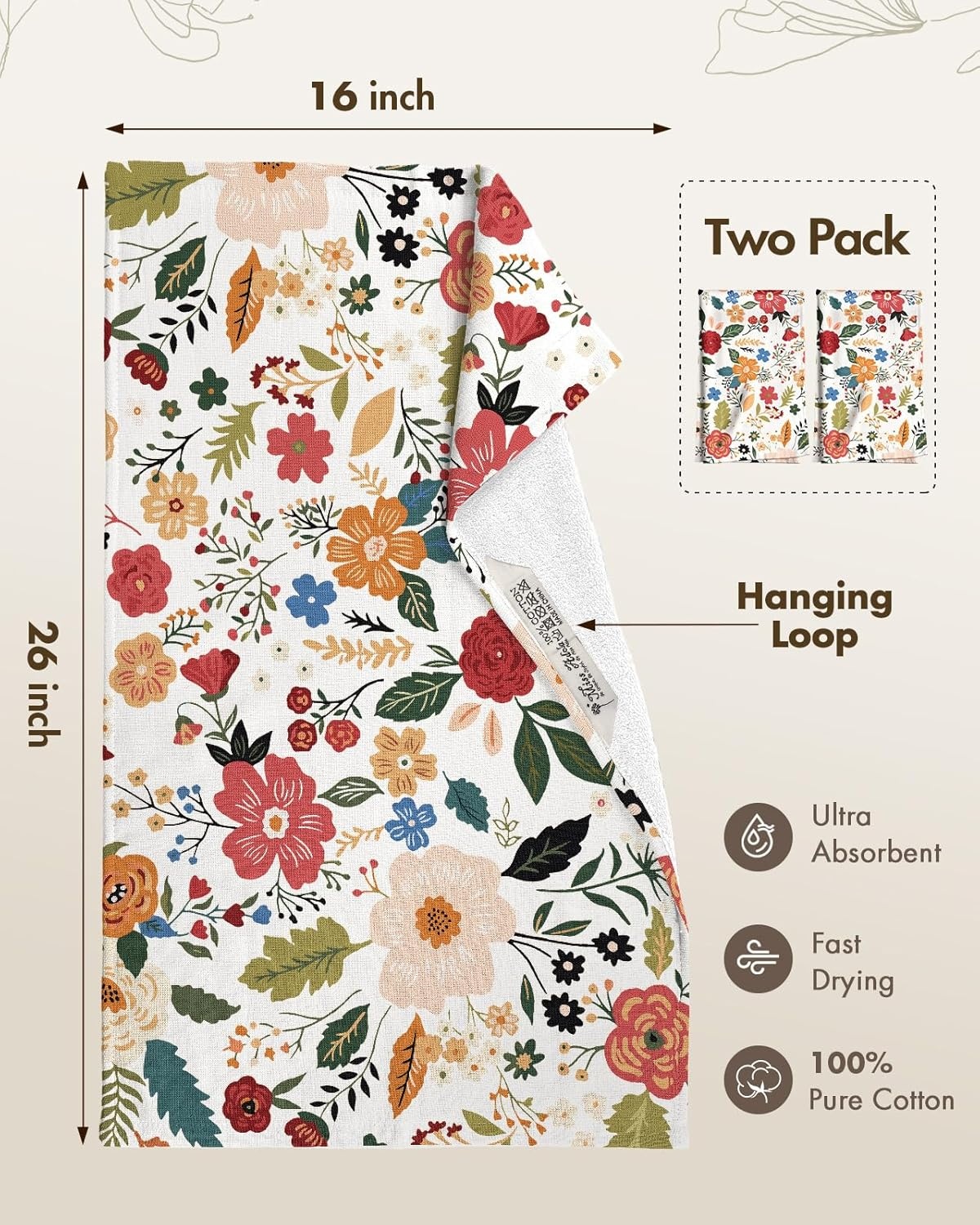 image:imageMiss Adola Cotton Kitchen Towels Set of 2 Cute Design 1626 Inch Dish Towels for Kitchen with Hanging Loop Beige Flower Quick Dry Hand Towels Soft amp Absorbent Decorative Terry Cloth Tea TowelsBeige Flower