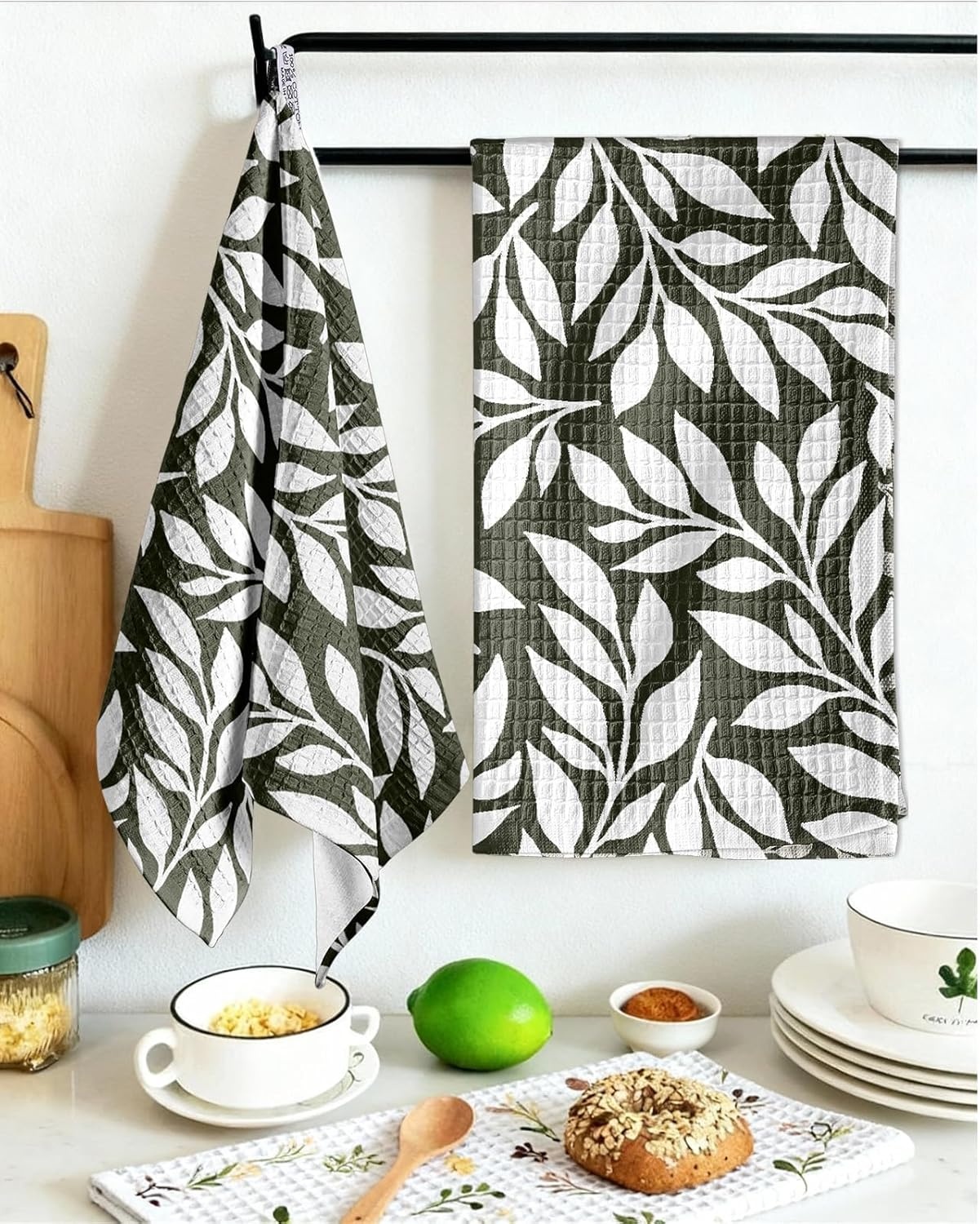 image:imageMiss Adola Cotton Waffle Kitchen Towels Cute 370 GSM 16x25 Inch Terry Cloth Waffle Decorative Dishcloth for Kitchen Set of 2 with Hanging Loops Absorbent Hand Tea Towel for Home Design FishLeaf