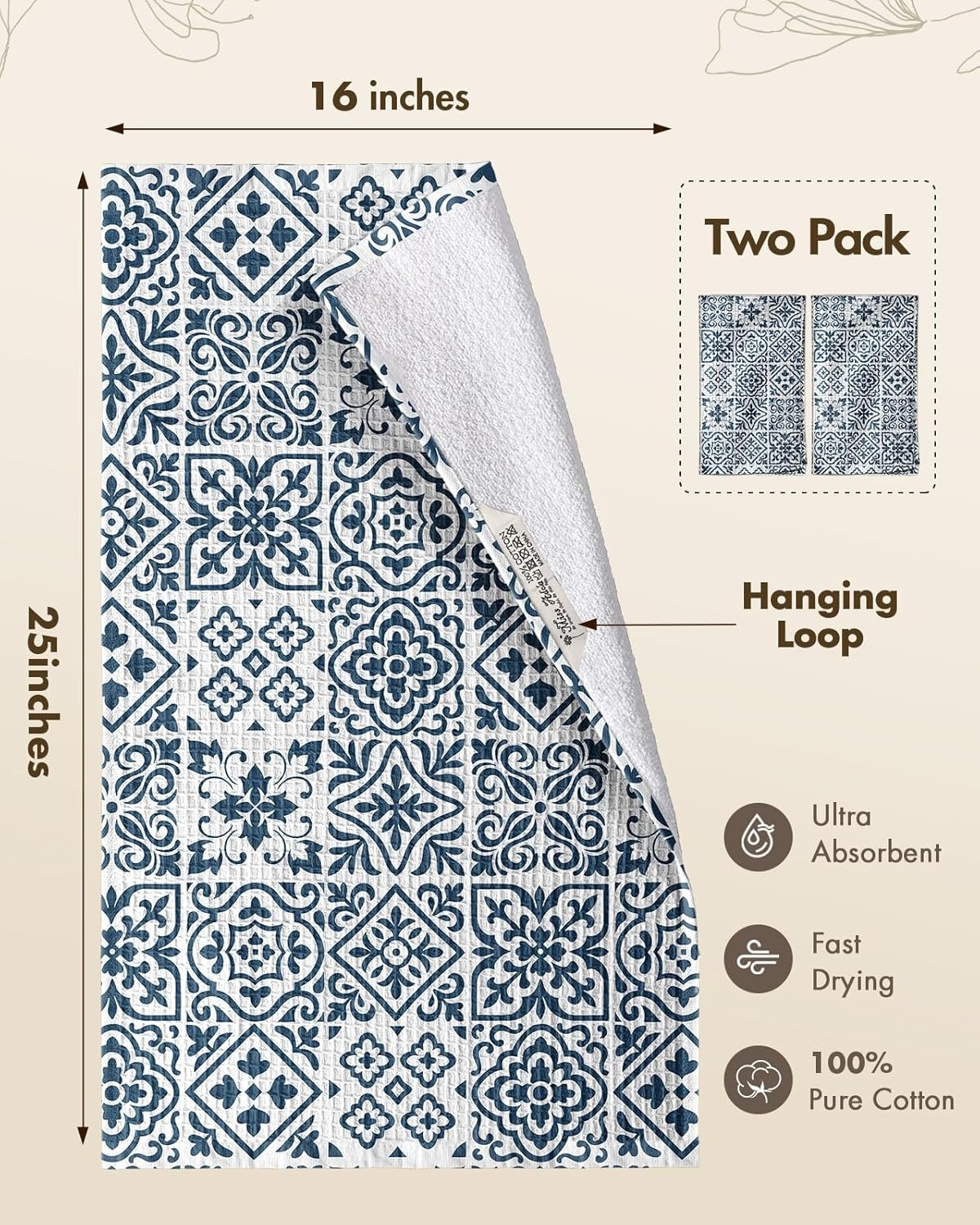 image:imageMiss Adola Cotton Waffle Kitchen Towels Cute 370 GSM 16x25 Inch Terry Cloth Waffle Decorative Dishcloth for Kitchen Set of 2 with Hanging Loops Absorbent Hand Tea Towel for Home Design FishBlock Print