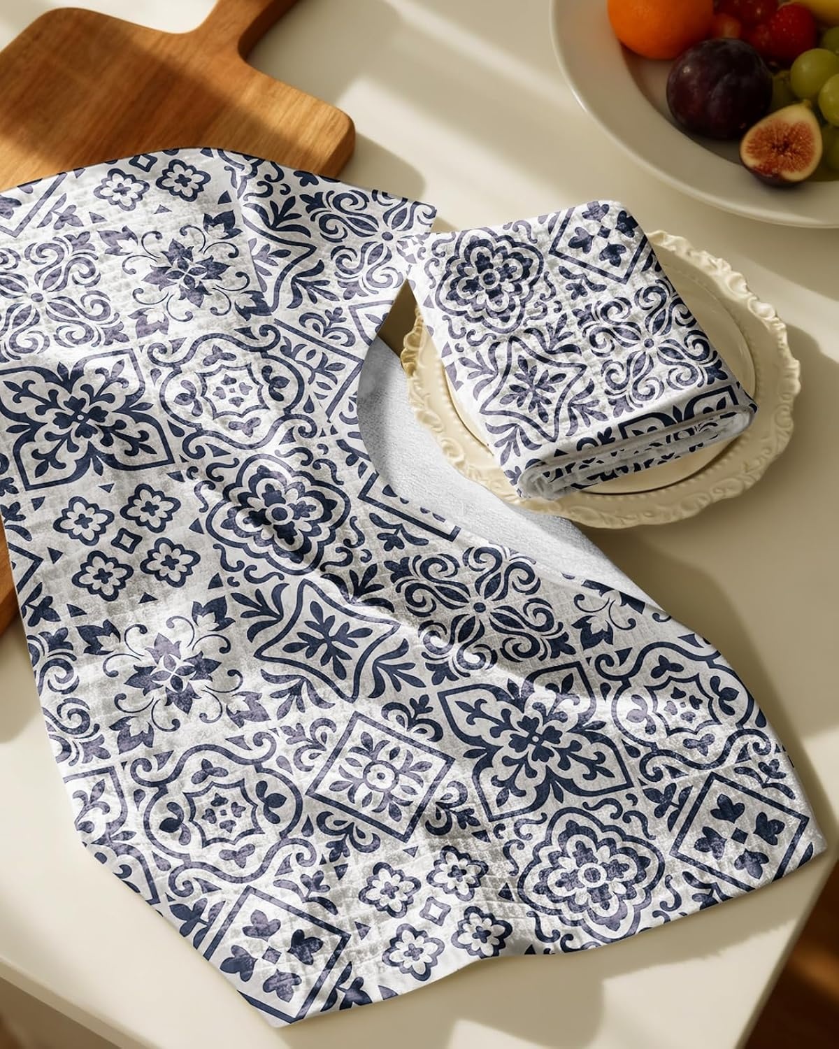 image:imageMiss Adola Cotton Waffle Kitchen Towels Cute 370 GSM 16x25 Inch Terry Cloth Waffle Decorative Dishcloth for Kitchen Set of 2 with Hanging Loops Absorbent Hand Tea Towel for Home Design FishBlock Print