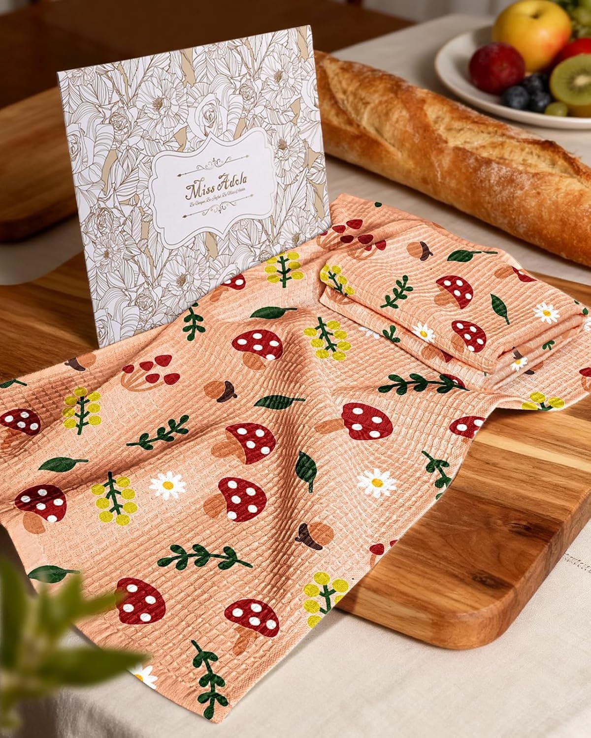 image:imageMiss Adola Cotton Waffle Kitchen Towels Cute 370 GSM 16x25 Inch Terry Cloth Waffle Decorative Dishcloth for Kitchen Set of 2 with Hanging Loops Absorbent Hand Tea Towel for Home Design FishMushroom