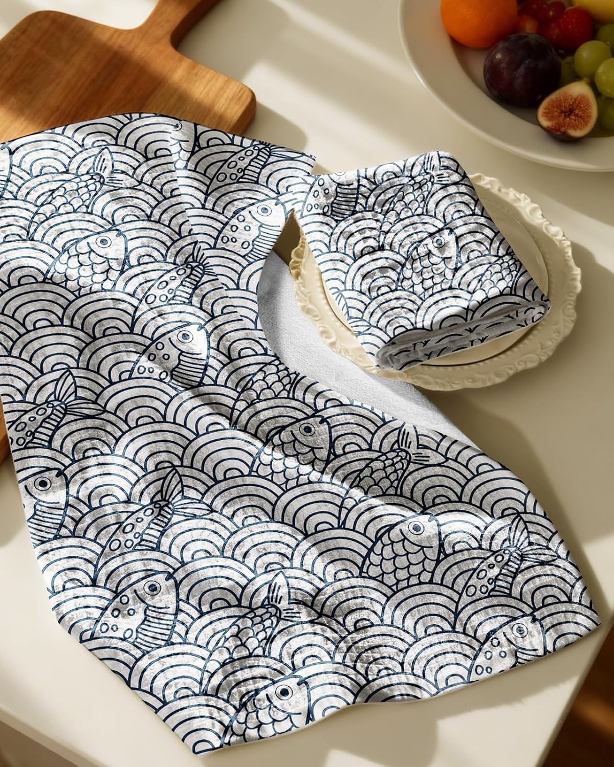 image:imageMiss Adola Cotton Waffle Kitchen Towels Cute 370 GSM 16x25 Inch Terry Cloth Waffle Decorative Dishcloth for Kitchen Set of 2 with Hanging Loops Absorbent Hand Tea Towel for Home Design FishFish