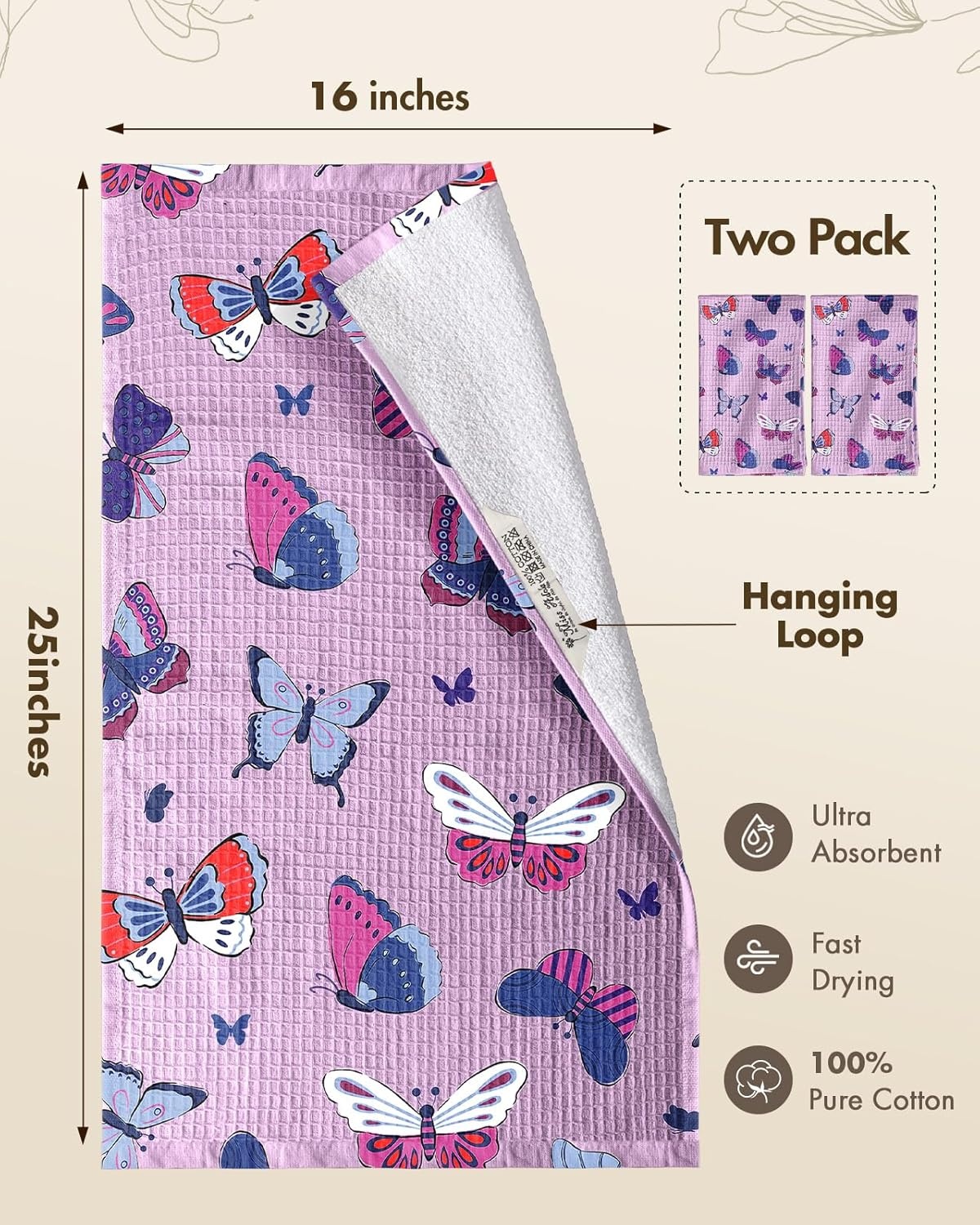 image:imageMiss Adola Cotton Waffle Kitchen Towels Cute 370 GSM 16x25 Inch Terry Cloth Waffle Decorative Dishcloth for Kitchen Set of 2 with Hanging Loops Absorbent Hand Tea Towel for Home Design FishButterfly