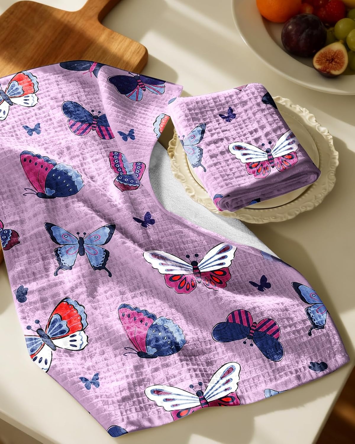 image:imageMiss Adola Cotton Waffle Kitchen Towels Cute 370 GSM 16x25 Inch Terry Cloth Waffle Decorative Dishcloth for Kitchen Set of 2 with Hanging Loops Absorbent Hand Tea Towel for Home Design FishButterfly