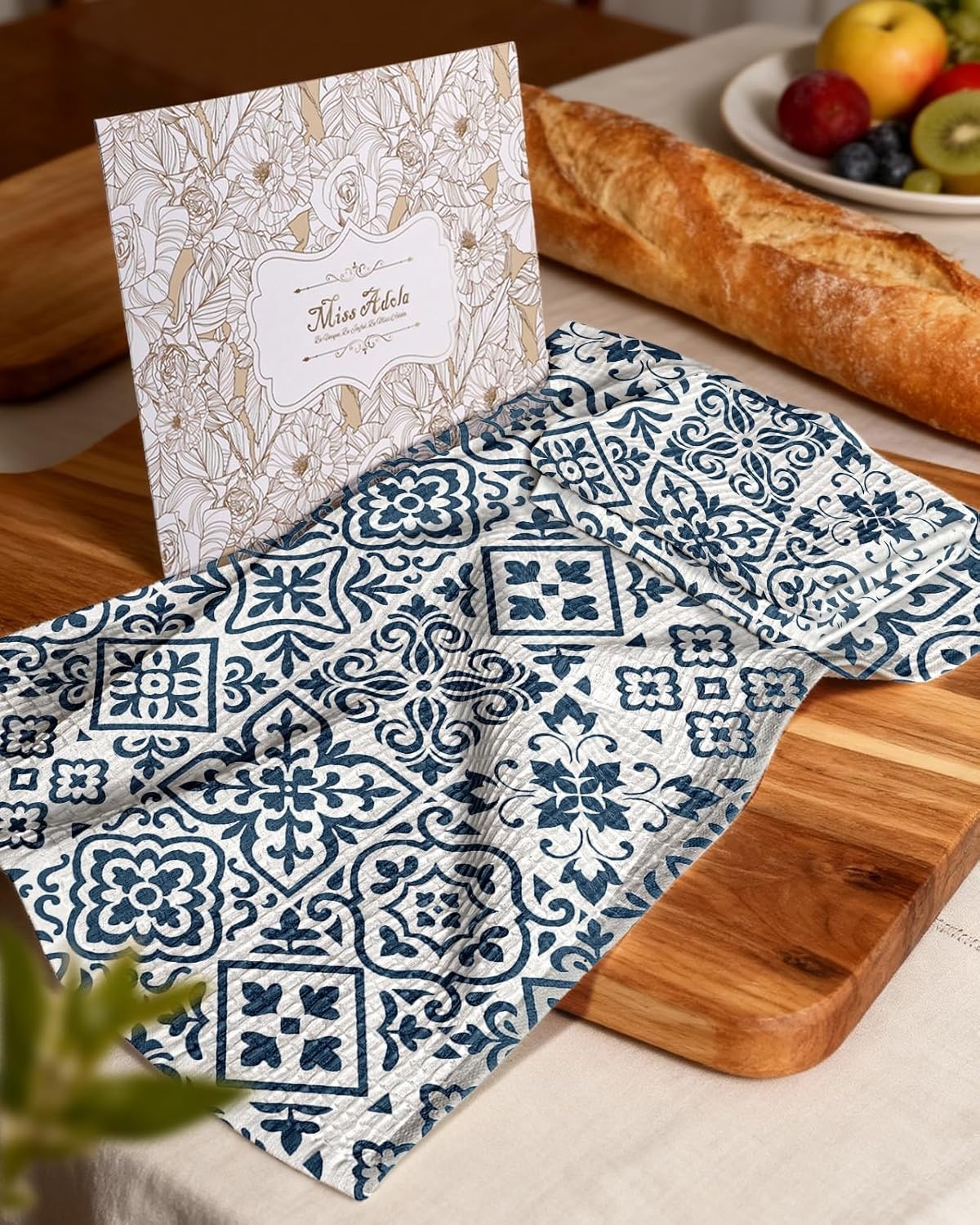 image:imageMiss Adola Cotton Waffle Kitchen Towels Cute 370 GSM 16x25 Inch Terry Cloth Waffle Decorative Dishcloth for Kitchen Set of 2 with Hanging Loops Absorbent Hand Tea Towel for Home Design FishBlock Print