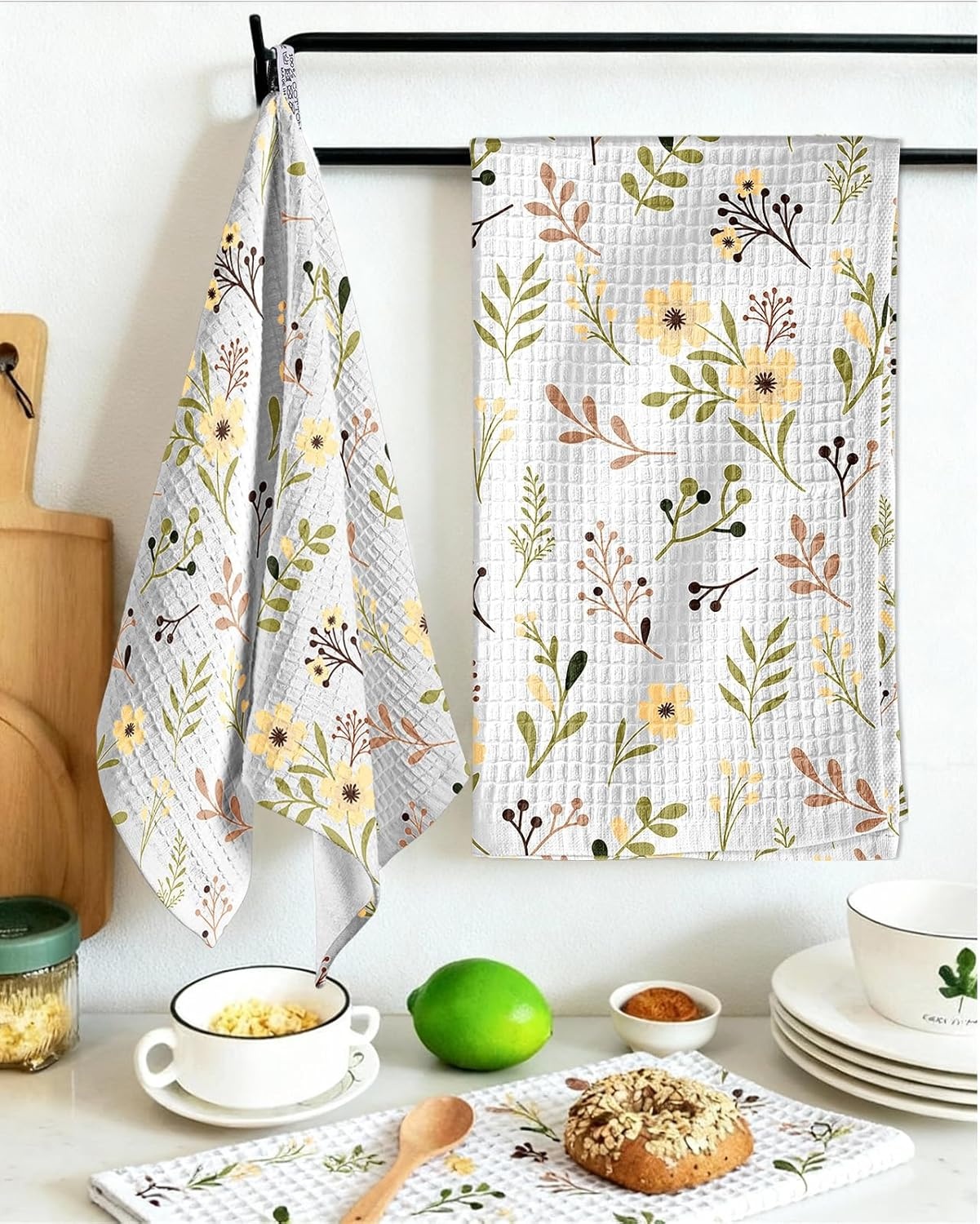 image:imageMiss Adola Cotton Waffle Kitchen Towels Cute 370 GSM 16x25 Inch Terry Cloth Waffle Decorative Dishcloth for Kitchen Set of 2 with Hanging Loops Absorbent Hand Tea Towel for Home Design FishFlower