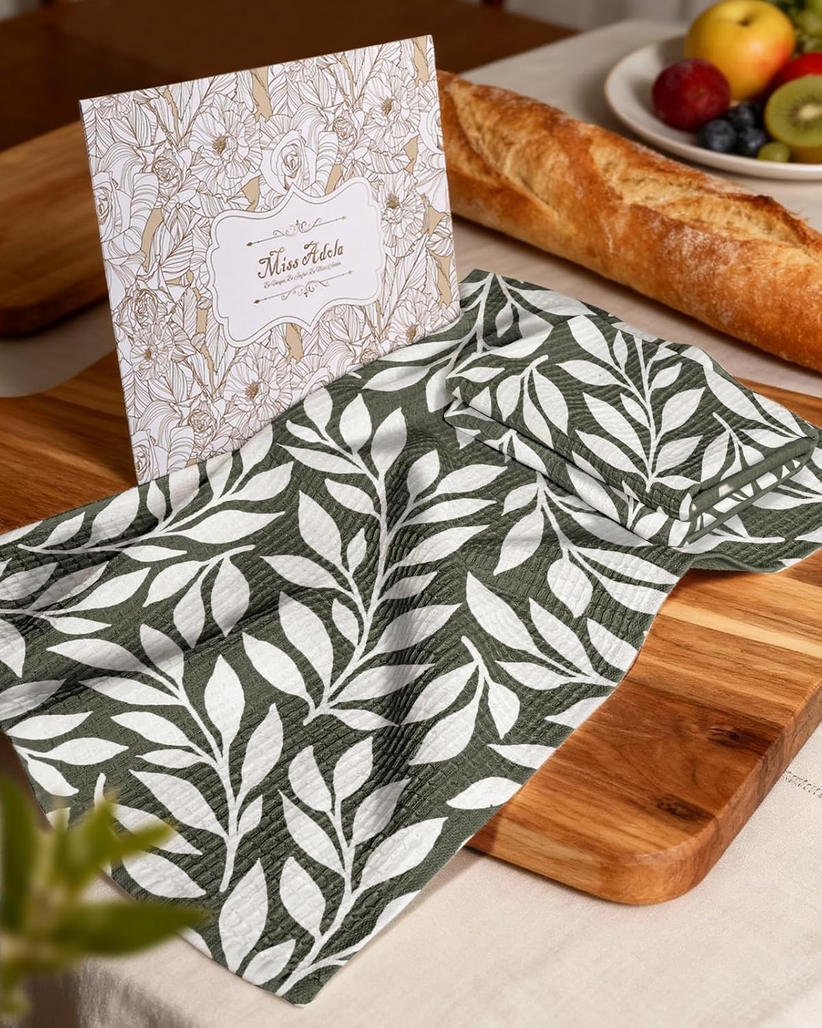 image:imageMiss Adola Cotton Waffle Kitchen Towels Cute 370 GSM 16x25 Inch Terry Cloth Waffle Decorative Dishcloth for Kitchen Set of 2 with Hanging Loops Absorbent Hand Tea Towel for Home Design FishLeaf