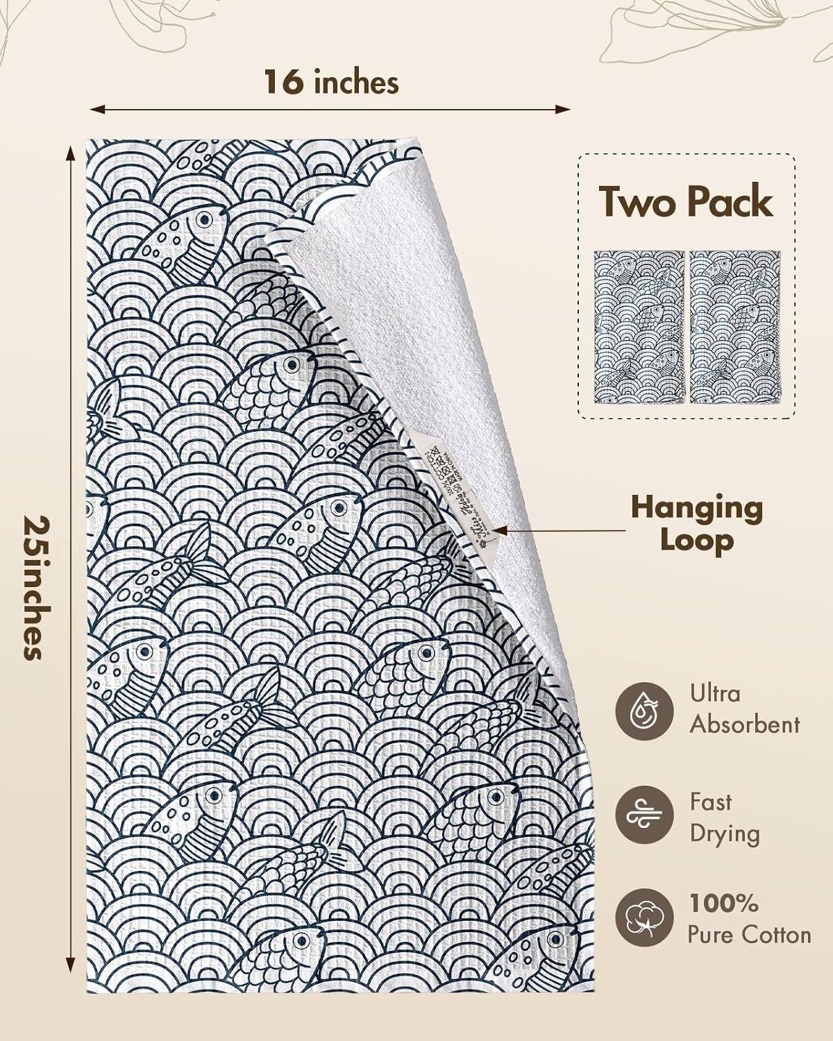 image:imageMiss Adola Cotton Waffle Kitchen Towels Cute 370 GSM 16x25 Inch Terry Cloth Waffle Decorative Dishcloth for Kitchen Set of 2 with Hanging Loops Absorbent Hand Tea Towel for Home Design FishFish
