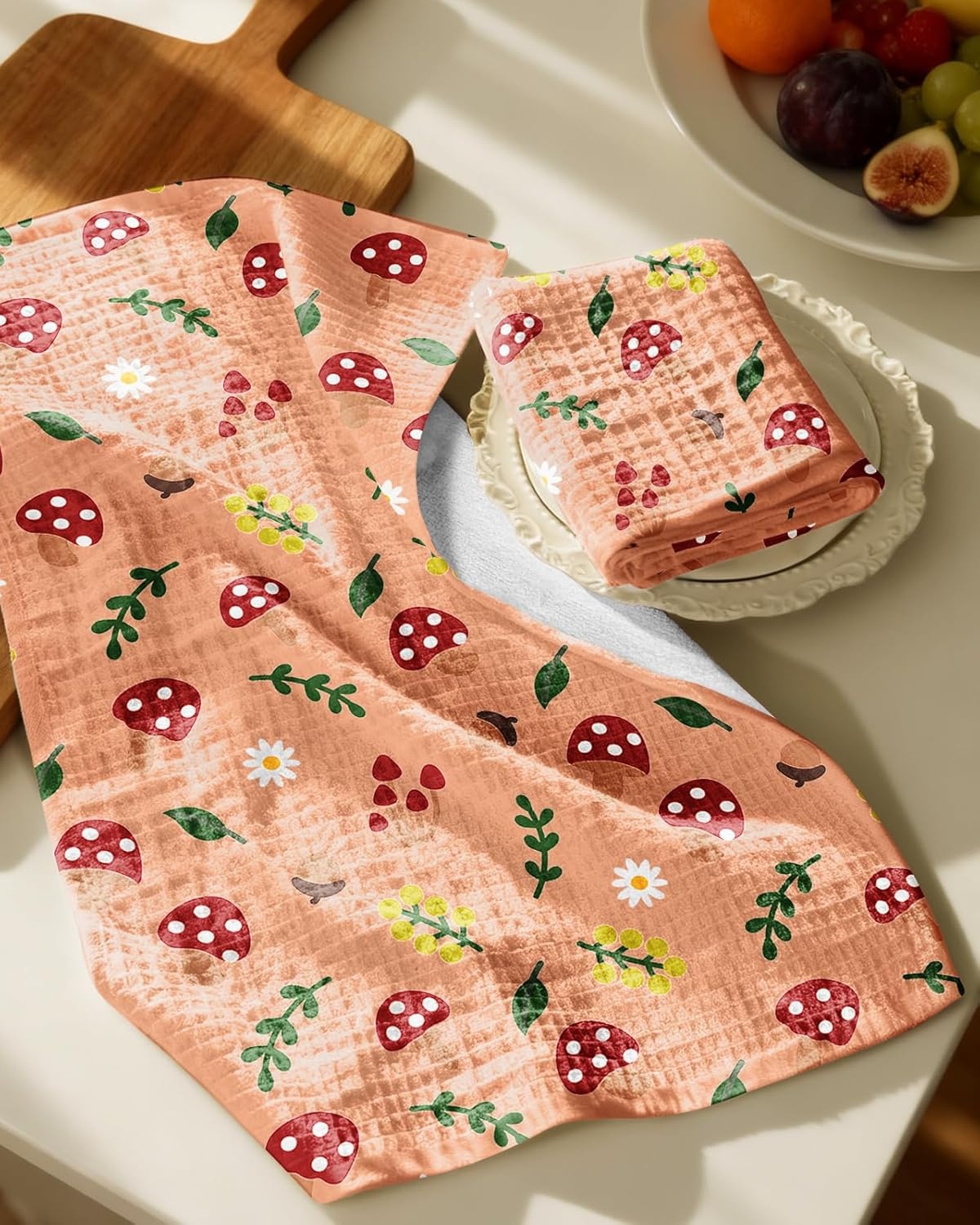image:imageMiss Adola Cotton Waffle Kitchen Towels Cute 370 GSM 16x25 Inch Terry Cloth Waffle Decorative Dishcloth for Kitchen Set of 2 with Hanging Loops Absorbent Hand Tea Towel for Home Design FishMushroom