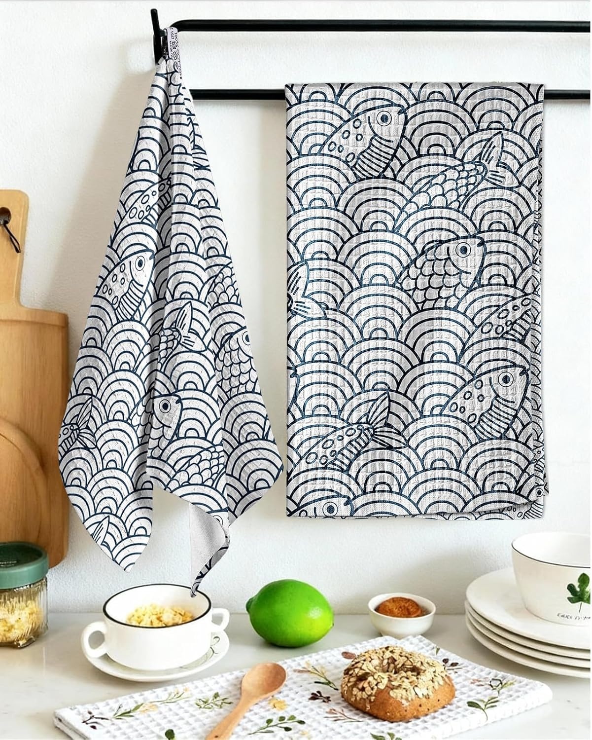 image:imageMiss Adola Cotton Waffle Kitchen Towels Cute 370 GSM 16x25 Inch Terry Cloth Waffle Decorative Dishcloth for Kitchen Set of 2 with Hanging Loops Absorbent Hand Tea Towel for Home Design FishFish
