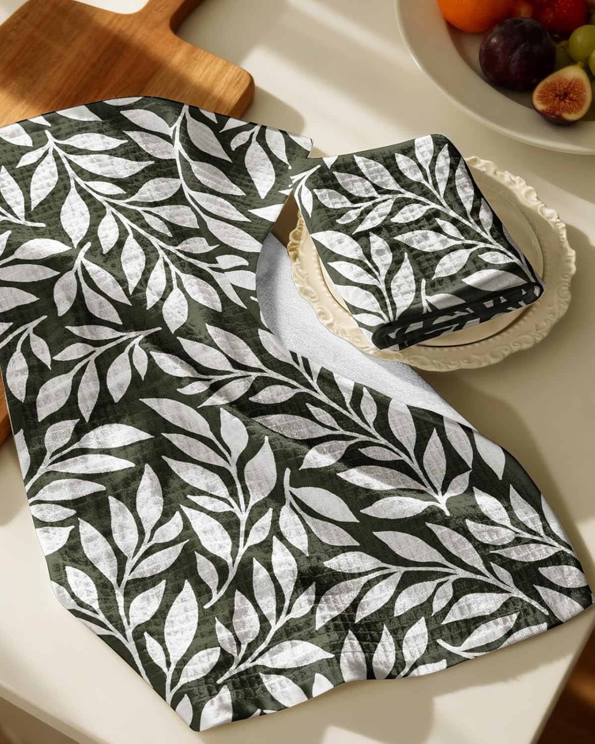 image:imageMiss Adola Cotton Waffle Kitchen Towels Cute 370 GSM 16x25 Inch Terry Cloth Waffle Decorative Dishcloth for Kitchen Set of 2 with Hanging Loops Absorbent Hand Tea Towel for Home Design FishLeaf
