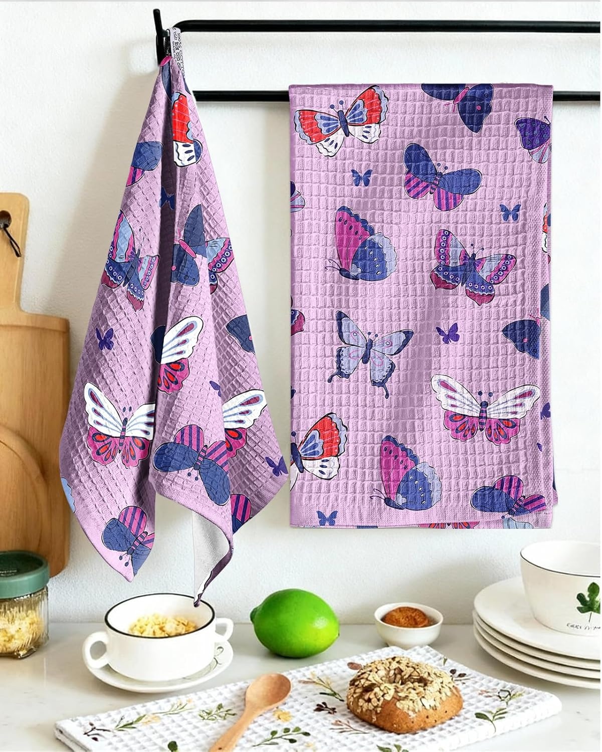 image:imageMiss Adola Cotton Waffle Kitchen Towels Cute 370 GSM 16x25 Inch Terry Cloth Waffle Decorative Dishcloth for Kitchen Set of 2 with Hanging Loops Absorbent Hand Tea Towel for Home Design FishButterfly