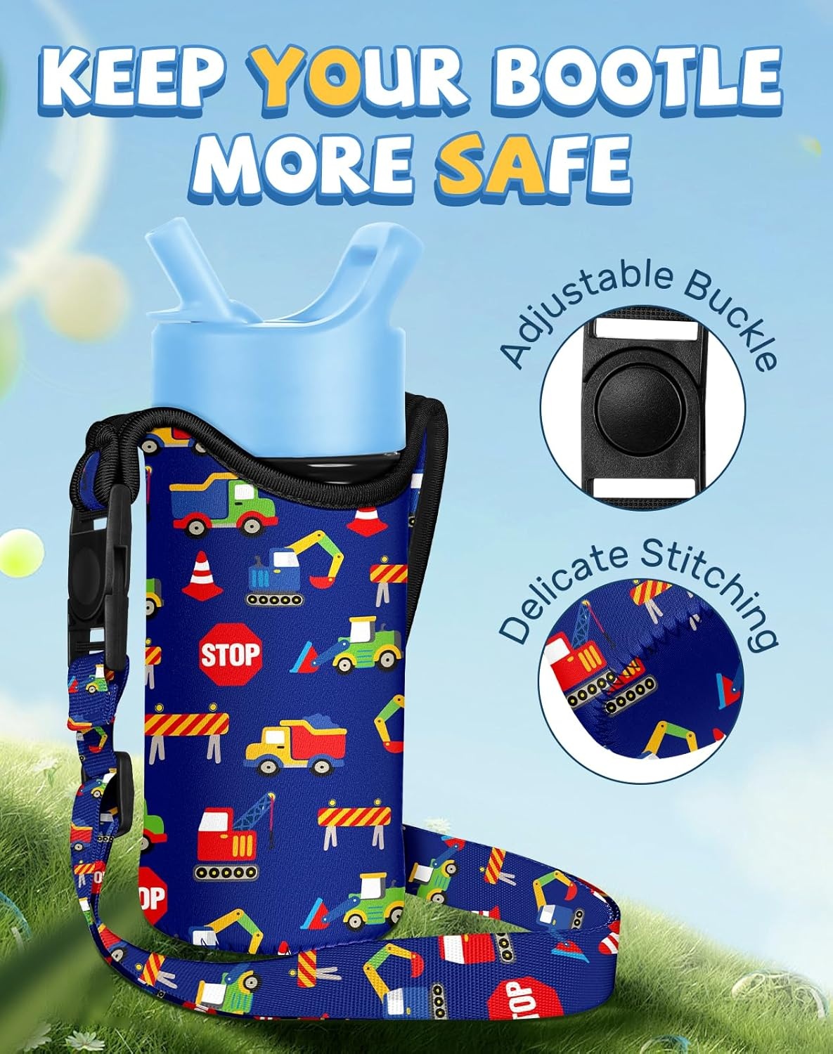 image:imageMiss Adola Excavator Car Neoprene Crossbody Water Bottle Carrier with Strap 1016 oz Orange Cartoon Pattern Handheld and Crossbody Gym Camping Parks