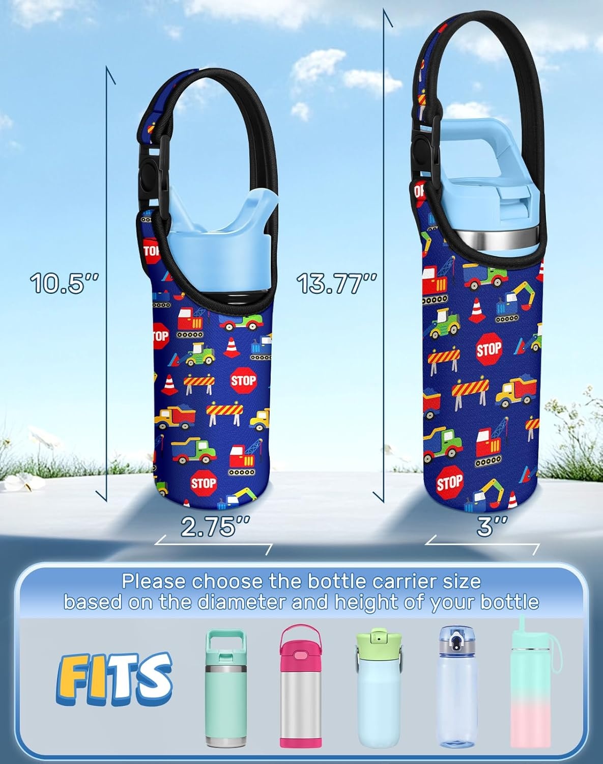 image:imageMiss Adola Excavator Car Neoprene Crossbody Water Bottle Carrier with Strap 1016 oz Orange Cartoon Pattern Handheld and Crossbody Gym Camping Parks