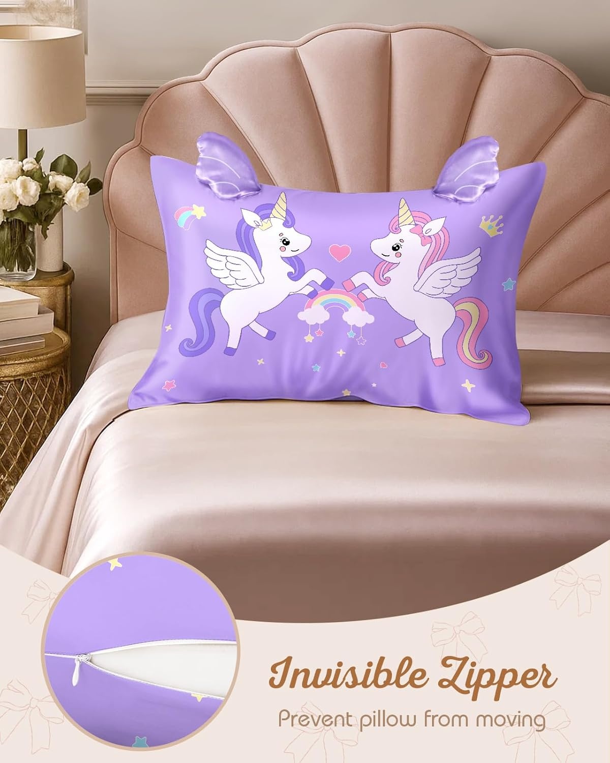 image:imageMiss Adola Kids Pillowcases Standard Size 20x26 Cute Cartoon Soft Breathable Silk Pillow Cases for Hair and Skin with Hidden Zipper for Girls Fun Kawaii Design for Bedding Fish TailWo Unicorns