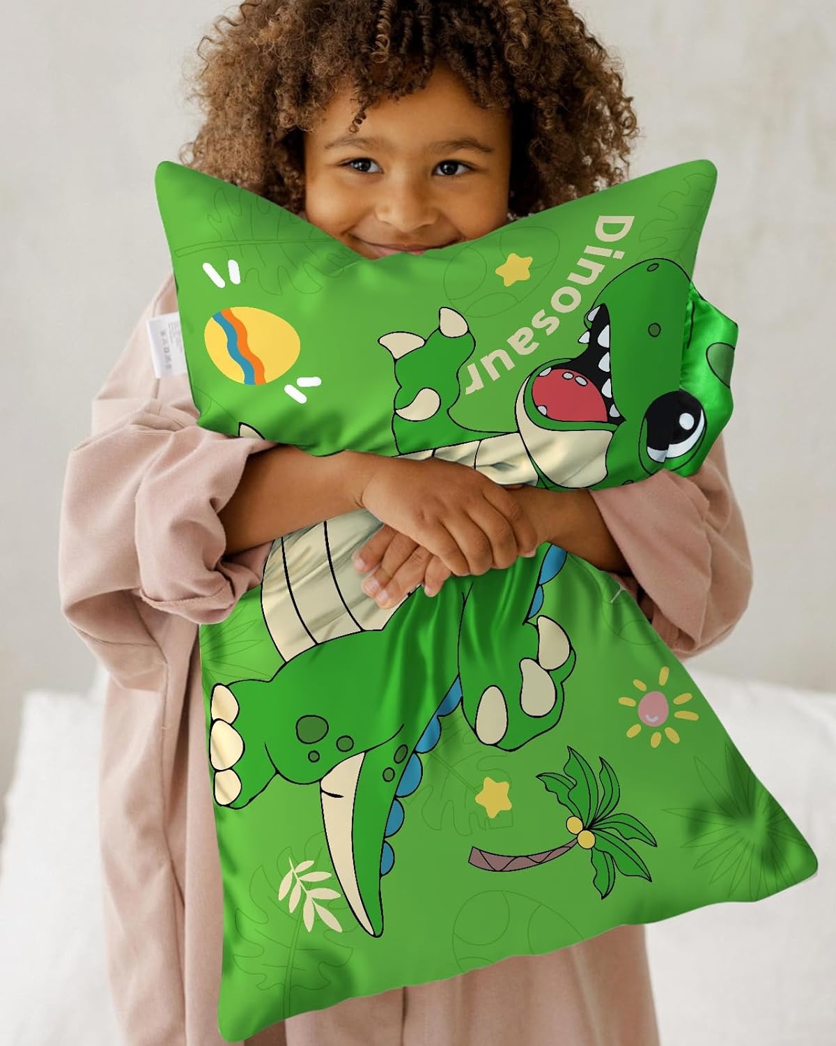 image:imageMiss Adola Kids Pillowcases Standard Size 20x26 Cute Cartoon Soft Breathable Silk Pillow Cases for Hair and Skin with Hidden Zipper for Girls Fun Kawaii Design for Bedding Fish TailGreen Dnosaur
