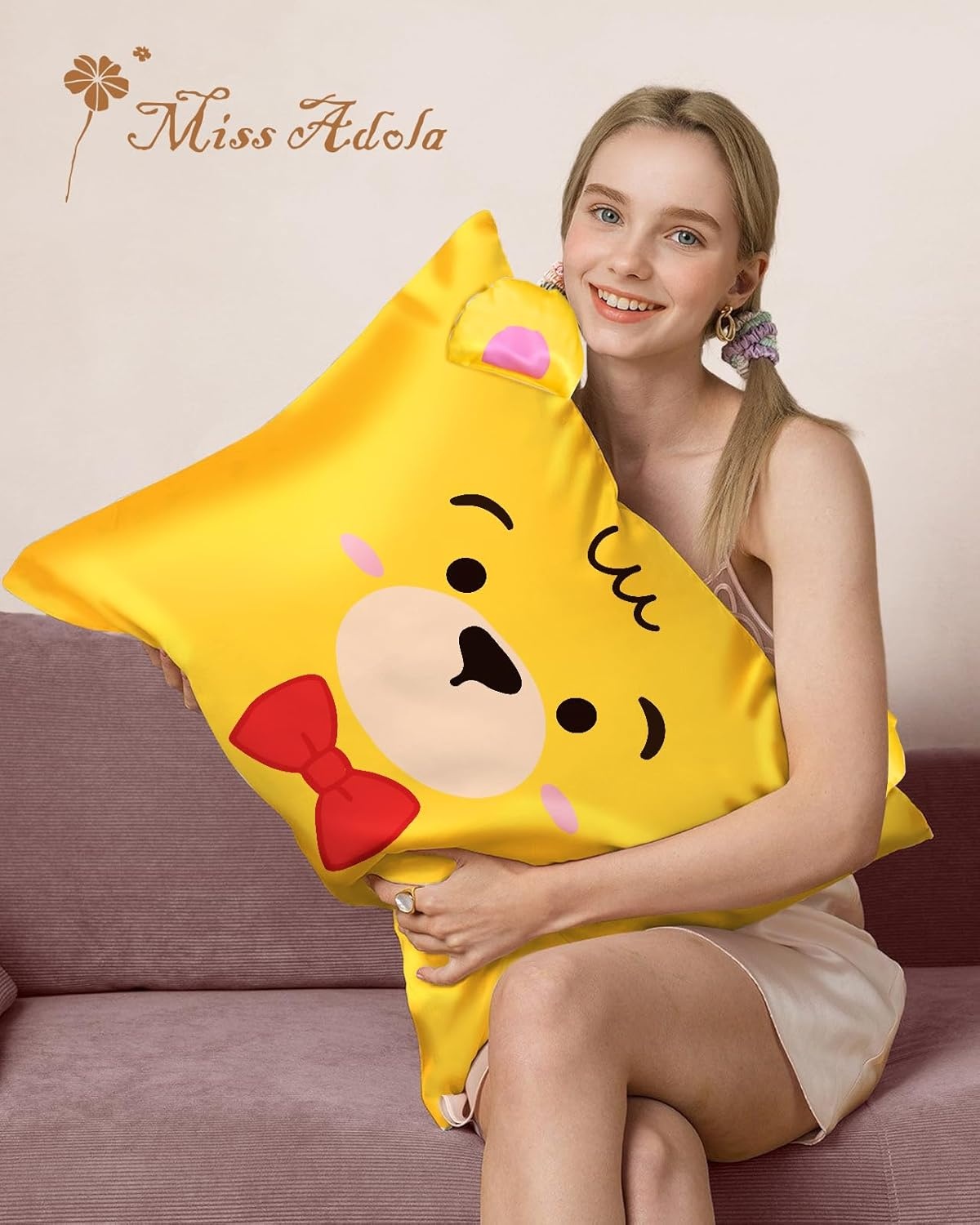 image:imageMiss Adola Kids Pillowcases Standard Size 20x26 Cute Cartoon Soft Breathable Silk Pillow Cases for Hair and Skin with Hidden Zipper for Girls Fun Kawaii Design for Bedding Fish TailYellow Bear