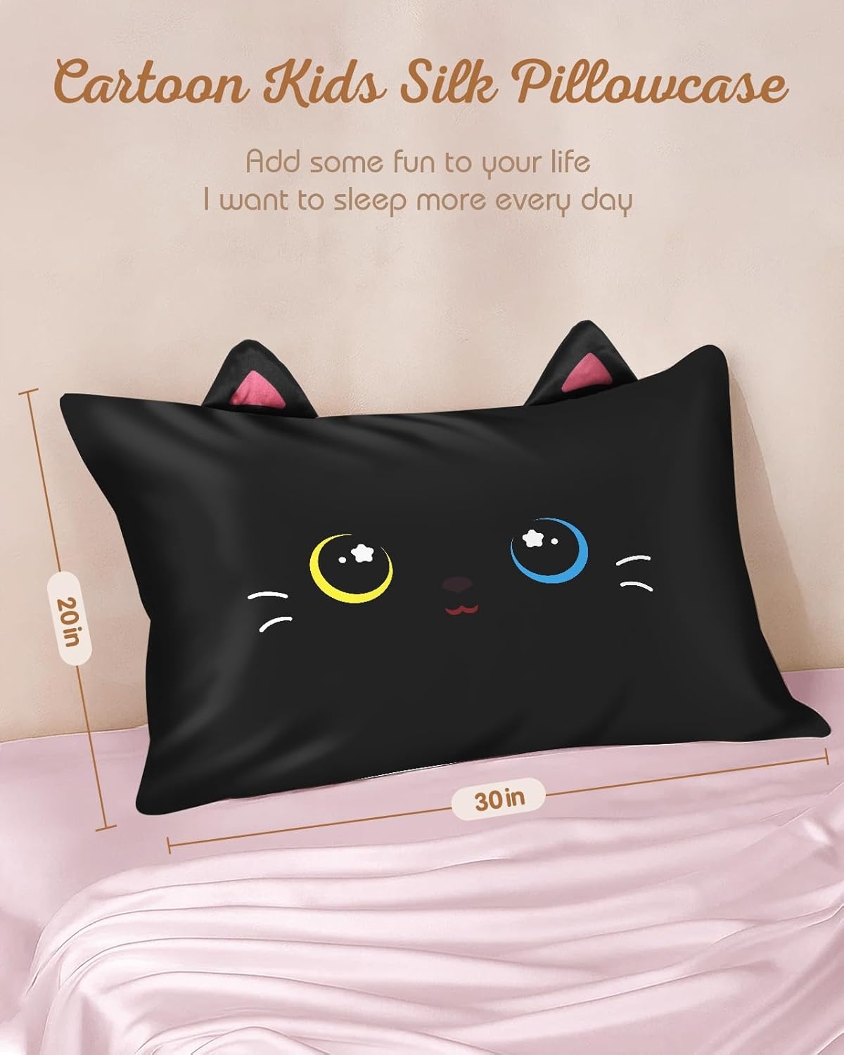 image:imageMiss Adola Kids Pillowcases Standard Size 20x26 Cute Cartoon Soft Breathable Silk Pillow Cases for Hair and Skin with Hidden Zipper for Girls Fun Kawaii Design for Bedding Fish TailBlack Cat