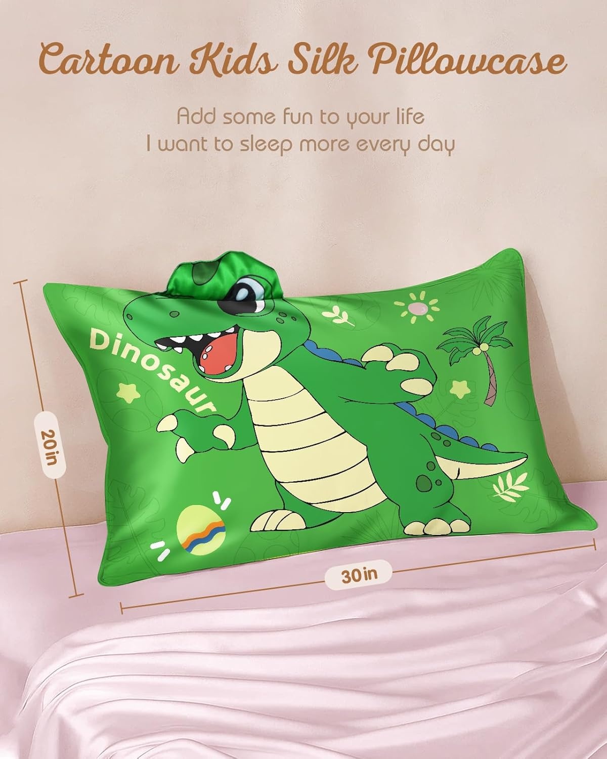 image:imageMiss Adola Kids Pillowcases Standard Size 20x26 Cute Cartoon Soft Breathable Silk Pillow Cases for Hair and Skin with Hidden Zipper for Girls Fun Kawaii Design for Bedding Fish TailGreen Dinosaur