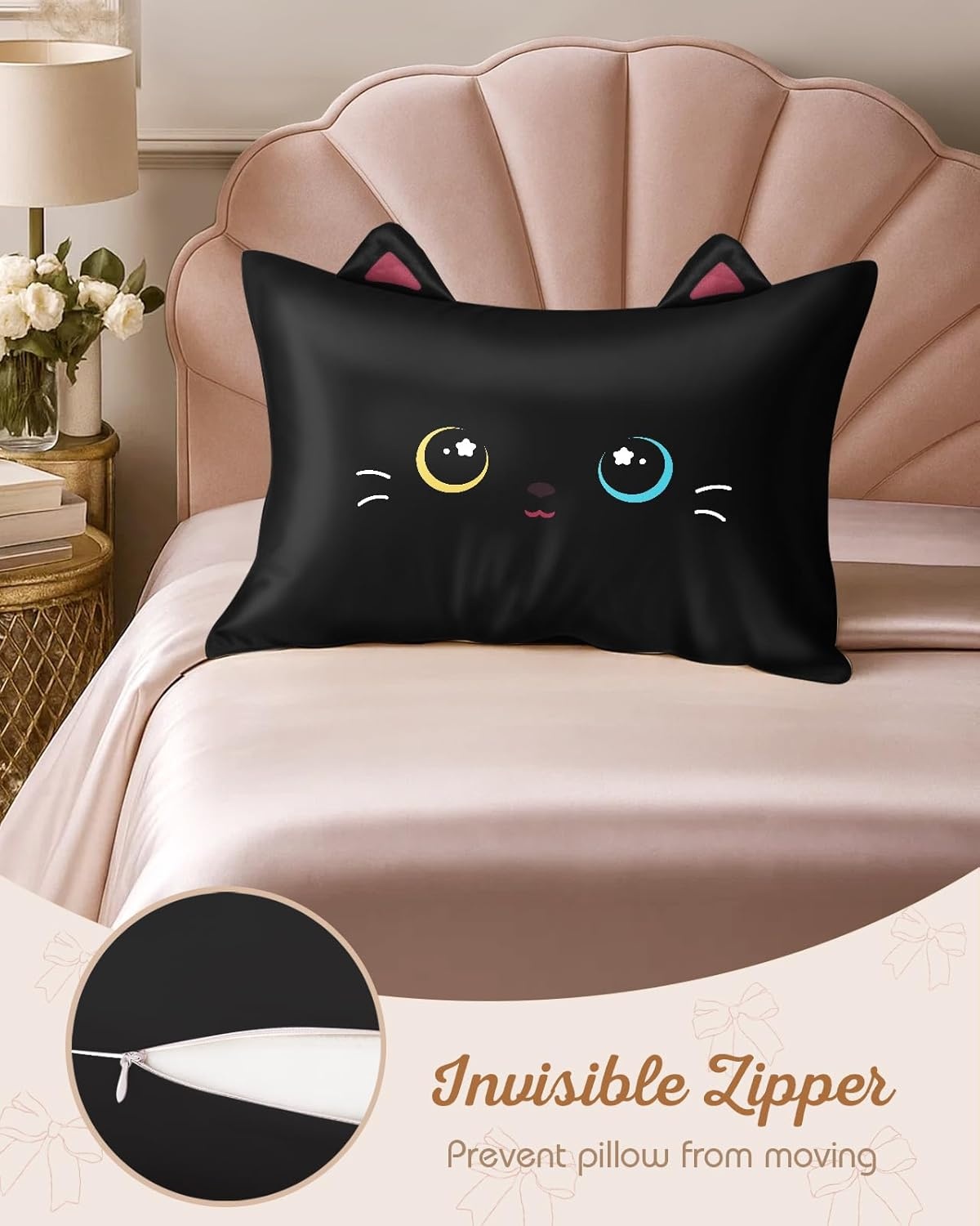 image:imageMiss Adola Kids Pillowcases Standard Size 20x26 Cute Cartoon Soft Breathable Silk Pillow Cases for Hair and Skin with Hidden Zipper for Girls Fun Kawaii Design for Bedding Fish TailBlack Cat