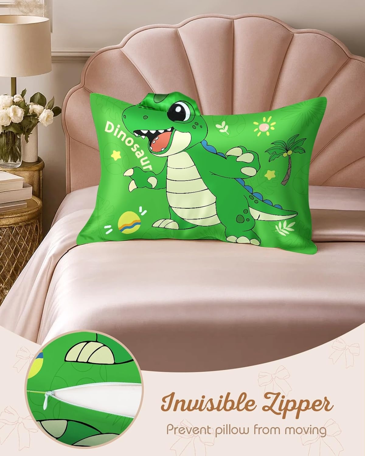 image:imageMiss Adola Kids Pillowcases Standard Size 20x26 Cute Cartoon Soft Breathable Silk Pillow Cases for Hair and Skin with Hidden Zipper for Girls Fun Kawaii Design for Bedding Fish TailGreen Dinosaur