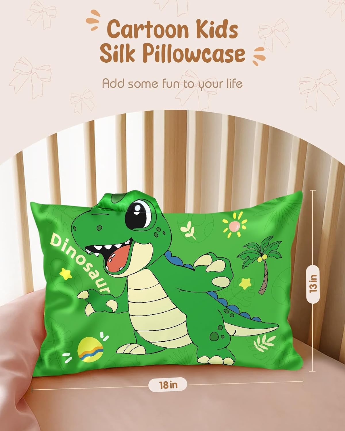 image:imageMiss Adola Kids Pillowcases Standard Size 20x26 Cute Cartoon Soft Breathable Silk Pillow Cases for Hair and Skin with Hidden Zipper for Girls Fun Kawaii Design for Bedding Fish TailGreen Dnosaur