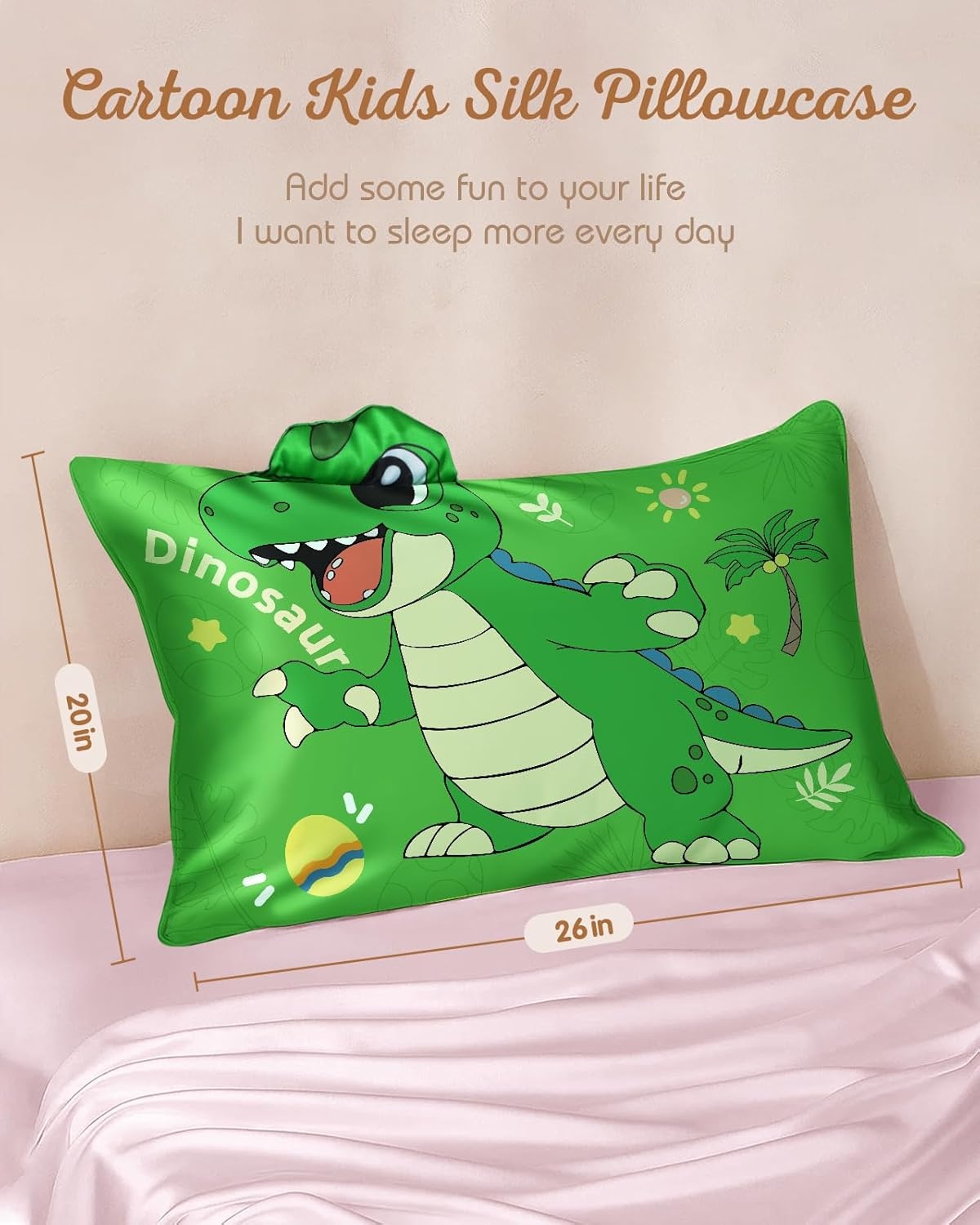 image:imageMiss Adola Kids Pillowcases Standard Size 20x26 Cute Cartoon Soft Breathable Silk Pillow Cases for Hair and Skin with Hidden Zipper for Girls Fun Kawaii Design for Bedding Fish TailGreen Dnosaur