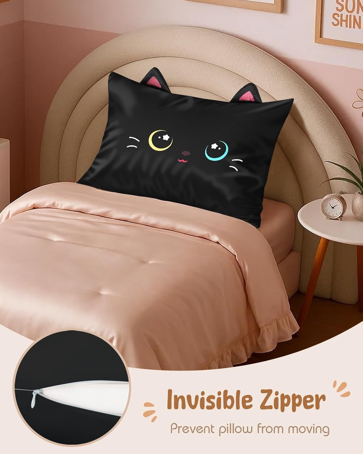 image:imageMiss Adola Kids Pillowcases Standard Size 20x26 Cute Cartoon Soft Breathable Silk Pillow Cases for Hair and Skin with Hidden Zipper for Girls Fun Kawaii Design for Bedding Fish TailBlack Cat
