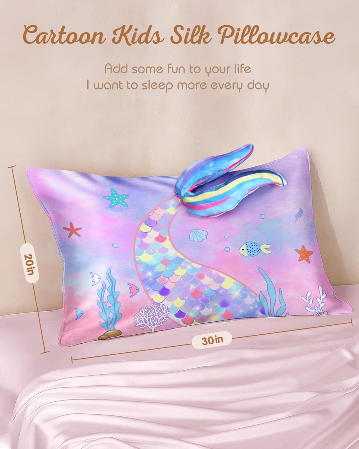 image:imageMiss Adola Kids Pillowcases Standard Size 20x26 Cute Cartoon Soft Breathable Silk Pillow Cases for Hair and Skin with Hidden Zipper for Girls Fun Kawaii Design for Bedding Fish TailFish Tail