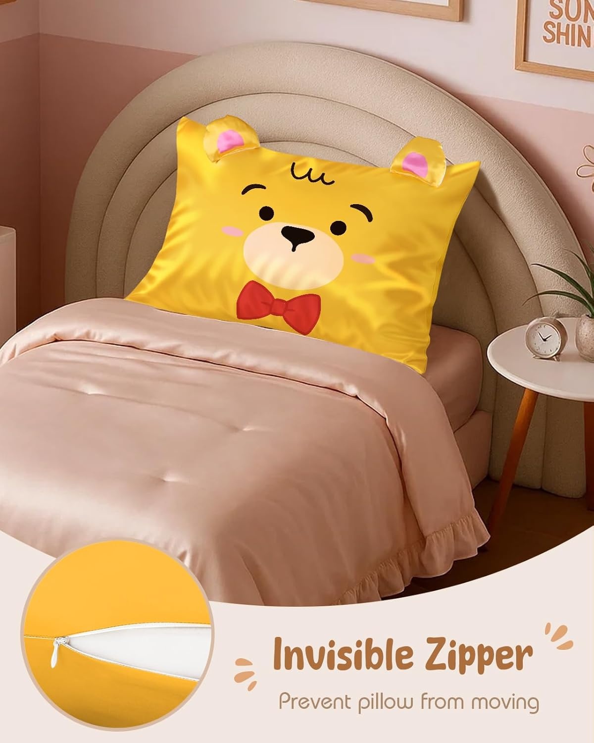 image:imageMiss Adola Kids Pillowcases Standard Size 20x26 Cute Cartoon Soft Breathable Silk Pillow Cases for Hair and Skin with Hidden Zipper for Girls Fun Kawaii Design for Bedding Fish TailYellow Bear
