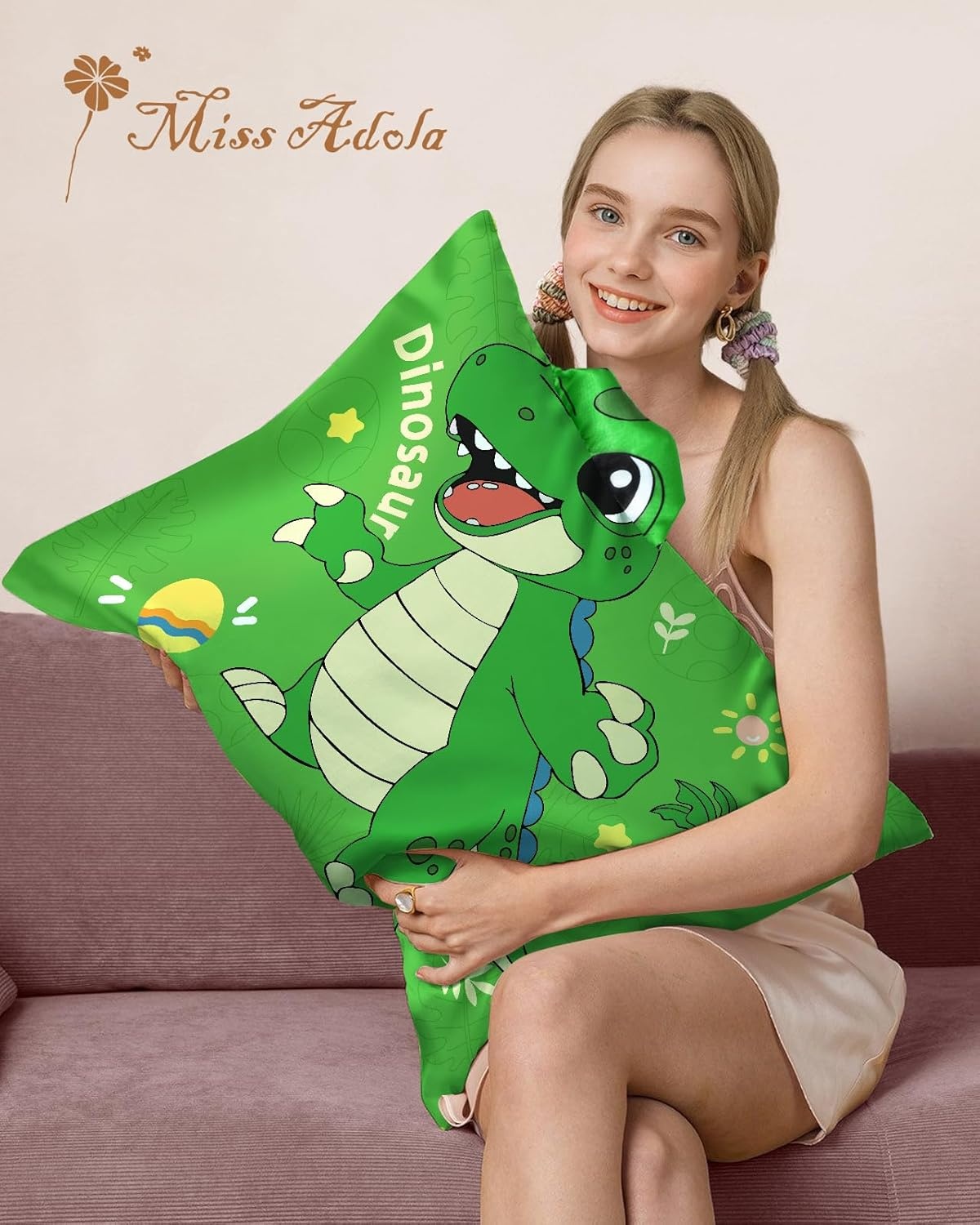 image:imageMiss Adola Kids Pillowcases Standard Size 20x26 Cute Cartoon Soft Breathable Silk Pillow Cases for Hair and Skin with Hidden Zipper for Girls Fun Kawaii Design for Bedding Fish TailGreen Dinosaur