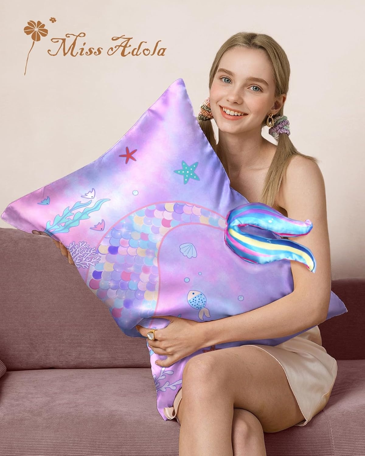 image:imageMiss Adola Kids Pillowcases Standard Size 20x26 Cute Cartoon Soft Breathable Silk Pillow Cases for Hair and Skin with Hidden Zipper for Girls Fun Kawaii Design for Bedding Fish TailFish Tail