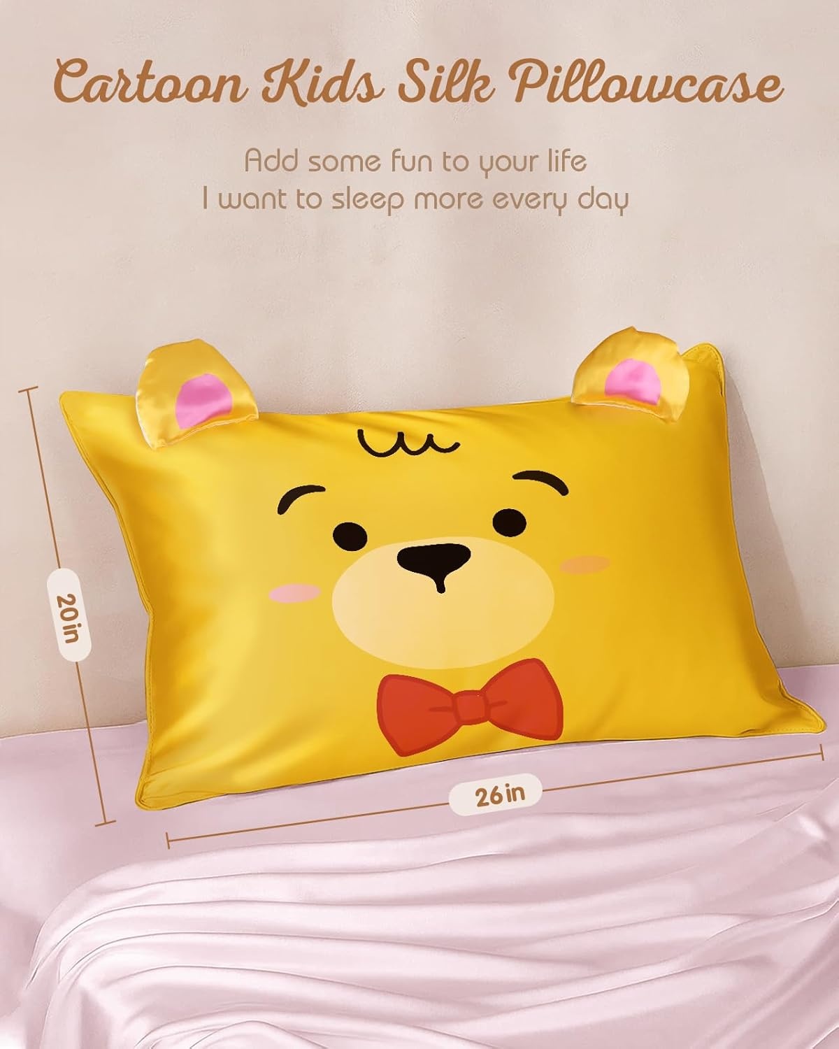 image:imageMiss Adola Kids Pillowcases Standard Size 20x26 Cute Cartoon Soft Breathable Silk Pillow Cases for Hair and Skin with Hidden Zipper for Girls Fun Kawaii Design for Bedding Fish TailYellow Bear