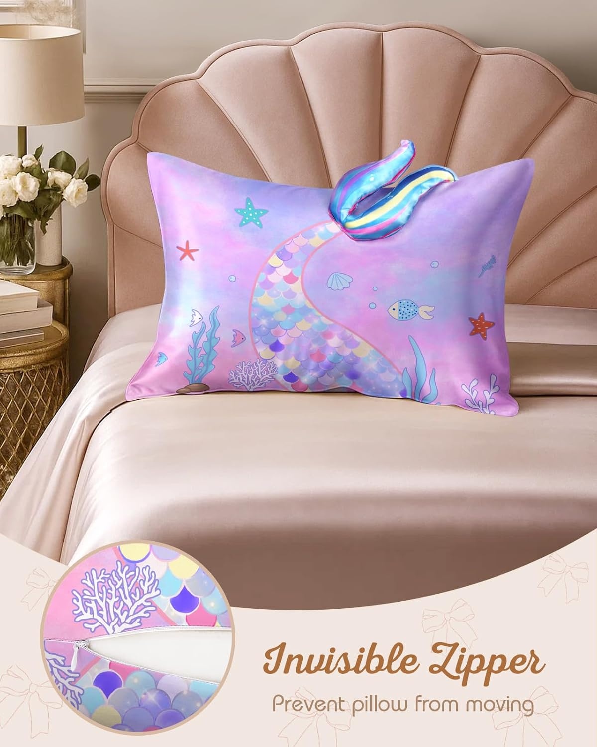 image:imageMiss Adola Kids Pillowcases Standard Size 20x26 Cute Cartoon Soft Breathable Silk Pillow Cases for Hair and Skin with Hidden Zipper for Girls Fun Kawaii Design for Bedding Fish TailFish Tail