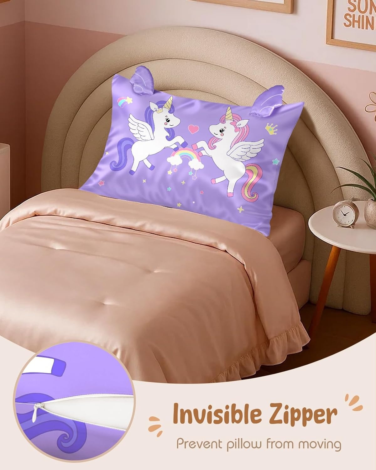 image:imageMiss Adola Kids Pillowcases Standard Size 20x26 Cute Cartoon Soft Breathable Silk Pillow Cases for Hair and Skin with Hidden Zipper for Girls Fun Kawaii Design for Bedding Fish TailWo Unicorns