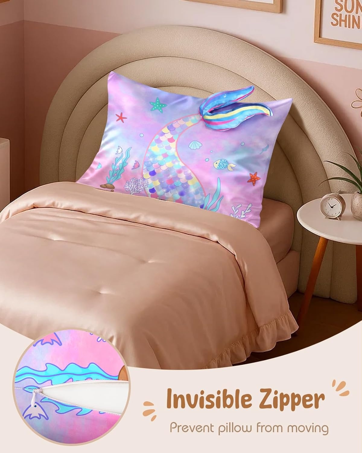 image:imageMiss Adola Kids Pillowcases Standard Size 20x26 Cute Cartoon Soft Breathable Silk Pillow Cases for Hair and Skin with Hidden Zipper for Girls Fun Kawaii Design for Bedding Fish TailFish Tail